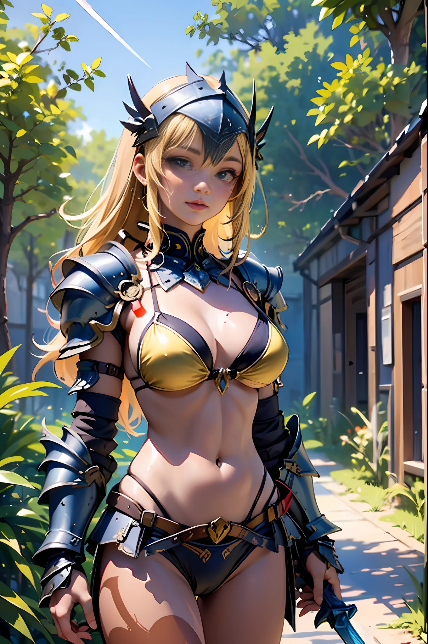 Masterpiece, Hyper Quality, Hyper Detail, Perfect Drawing, CG, 3D, 8k, Illustration, Beautiful Face Girl, Adventurer, Fantasy, Warrior, ((((Bikini Armor))), Brown Skin, Tan Marks (1.5)), Oversized Sword: (200cm), Shoulder Armor, 98Gcup Bust, Blonde Blue Eyes, Wilderness, Valley, Battlefield,