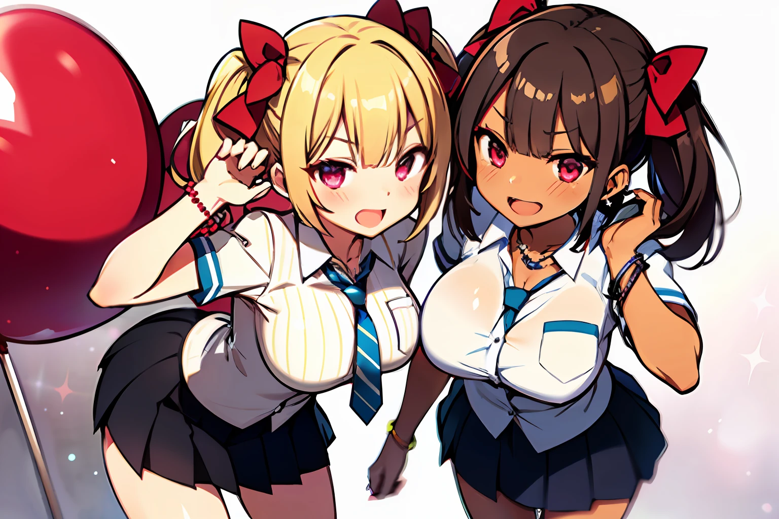 傑作、最高品質、超詳細、8k_wallpaper、、(美しい目)、((可愛い))、かわいい、(素敵)、(エロ),anime moe art style,multiple girls, breasts,((2girls)), skirt, jewelry, necktie, open mouth, striped necktie, smile, shirt, blonde hair, pleated skirt, long hair, purple eyes, blush, large breasts, :d, bow, looking at viewer, white shirt, necklace, hair bow, collarbone, bangs, striped, black skirt, school uniform, cowboy shot, twintails, bracelet, collared shirt, cleavage, v, sparkle, dress shirt, red bow, breast pocket, shiny, pocket, hand up, brown hair, between breasts, miniskirt, heart, unbuttoned, partially unbuttoned, standing, wing collar, unbuttoned shirt, brown eyes, red necktie, sleeves rolled up, shiny skin, loose necktie, earrings, breast press, diagonal stripes, necktie between breasts, red eyes, shiny hair, buttons, fingernails, asymmetrical docking, short sleeves, no bra, heart necklace, , pink bow, pendant, black hair
