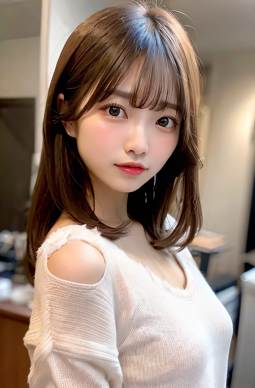Beautiful woman with gentle and attractive Japan, half-body photo, delicate and sexy collarbone, attractive plump face, double eyelids, smart sagging eyes, pink lips, small upturned nose, small breasts, bare shoulders, concentrated face, face close-up, super high definition, very detailed and elegant appliqué cotton jersey sweatshirt is made from cotton jersey, It is characterized by a loose and languid silhouette.