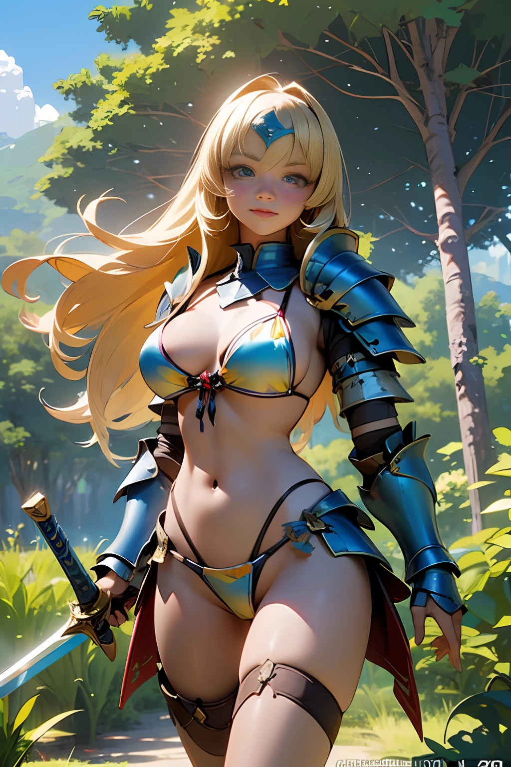 Masterpiece, Hyper Quality, Hyper Detail, Perfect Drawing, CG, 3D, 8k, Illustration, Beautiful Face Girl, Adventurer, Fantasy, Warrior, ((((Bikini Armor))), Brown Skin, Tan Marks (1.5)), Oversized Sword: (200cm), Shoulder Armor, 98Gcup Bust, Blonde Blue Eyes, Wilderness, Valley, Battlefield,