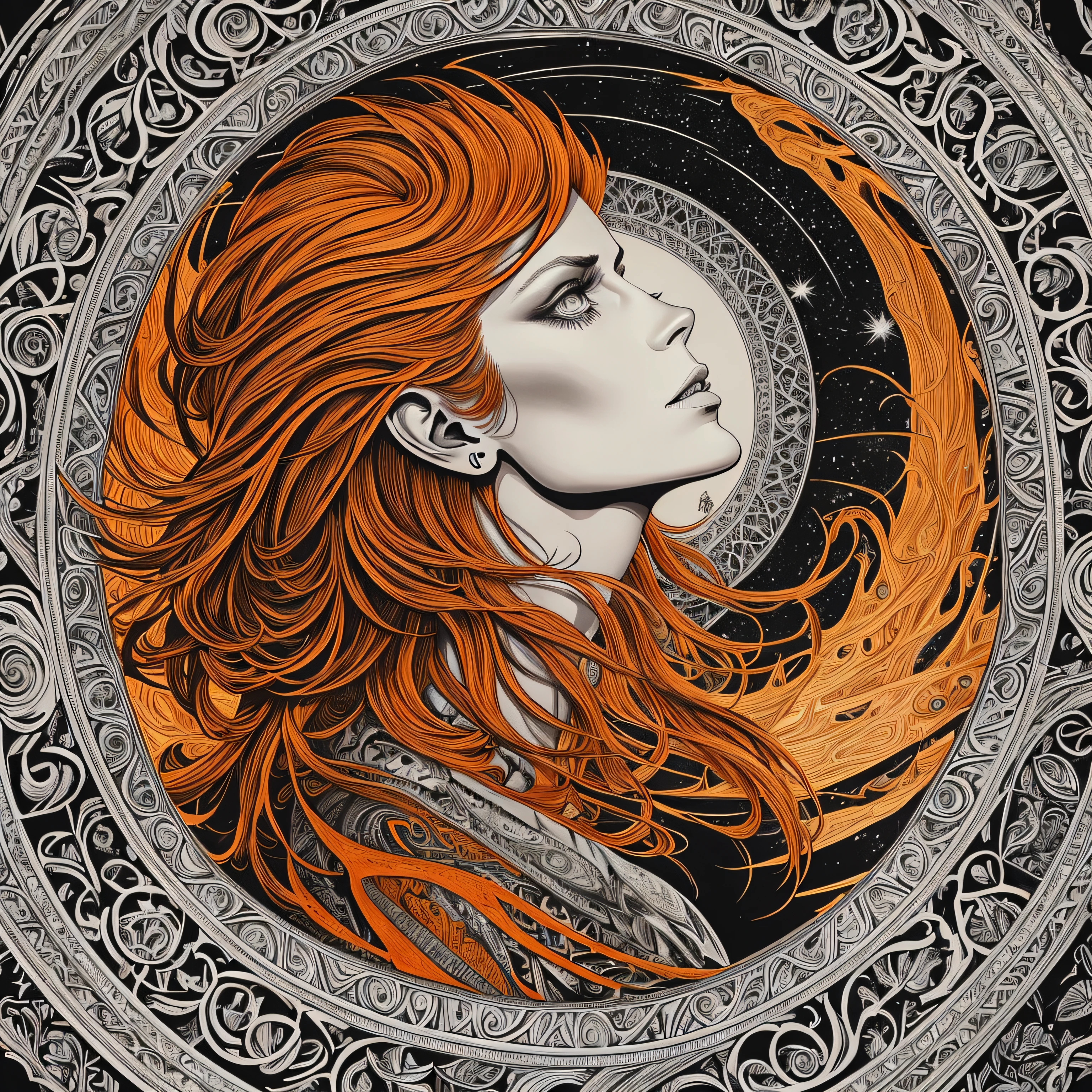 (best quality) David Bowie, ultra-detailed, intricate linework, highly detailed illustration, perfect composition, beautiful and stunning, dynamic angle, high contrast, incredible shading, incredible detail, unique style, orange details, (dark and mystical atmosphere), intricate and detailed nature elements. --auto --s2
