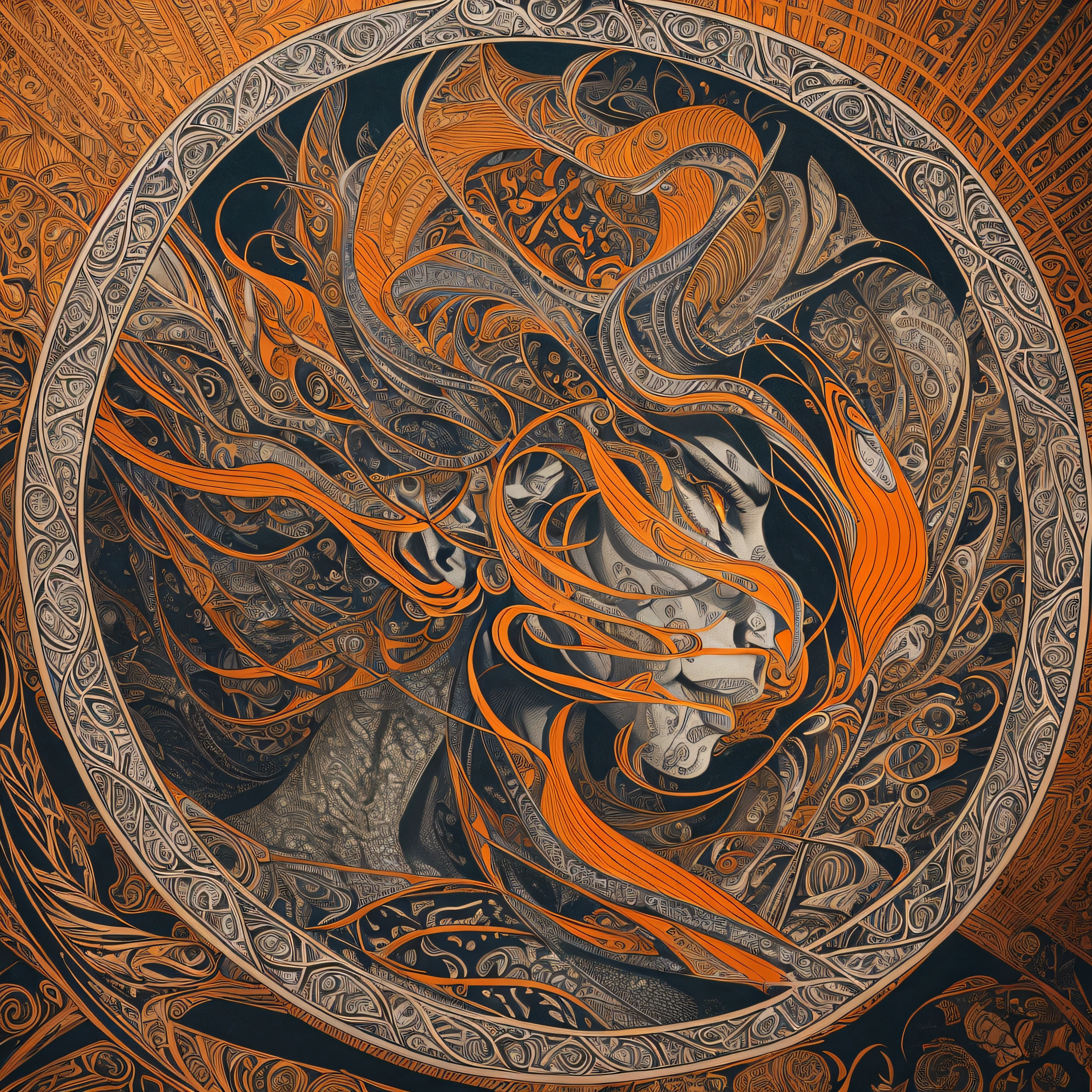 (best quality) David Bowie, ultra-detailed, intricate linework, highly detailed illustration, perfect composition, beautiful and stunning, dynamic angle, high contrast, incredible shading, incredible detail, unique style, orange details, (dark and mystical atmosphere), intricate and detailed nature elements. --auto --s2