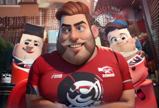 Mr. Gabriel , best quality, boy, solo, dark blonde hair, rounded face, fat face, blue eyes, smile, black beard with white threads, chubby, black red paparazzo, short hair, smile, short sleeves, shirt, flamengo crf shirt, 3d, full body, pixar style, 8k, 3d