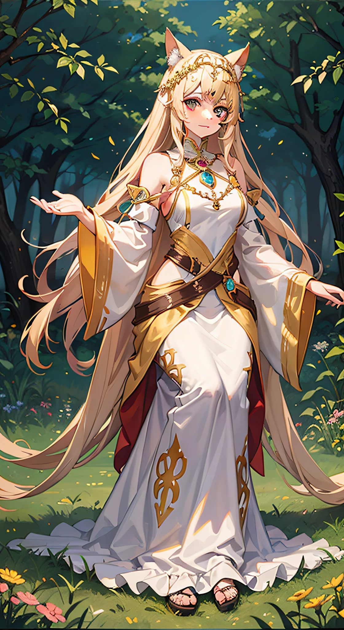 Princess of the Sun Priestess, Beautiful Girl, Full Body, Golden Rice Ear Meadow Background, High Quality, Masterpiece