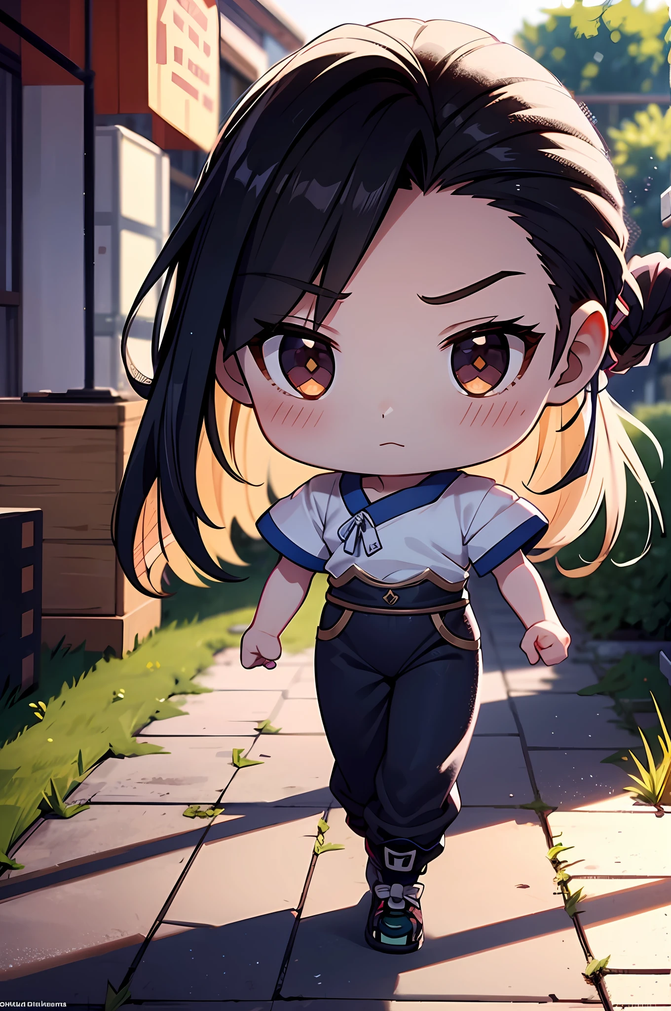 1girl, Mei Nakamura, (Chibi, child, female: 0.7), black hair, long, full body, smiling, (masterpiece) (best quality) (detailed) (8k) (wallpaper) (cinematic lighting) (sharp focus) (intricate), (masterpiece: 1.2) (best quality) (8k) (HDR) (cinematic lighting)