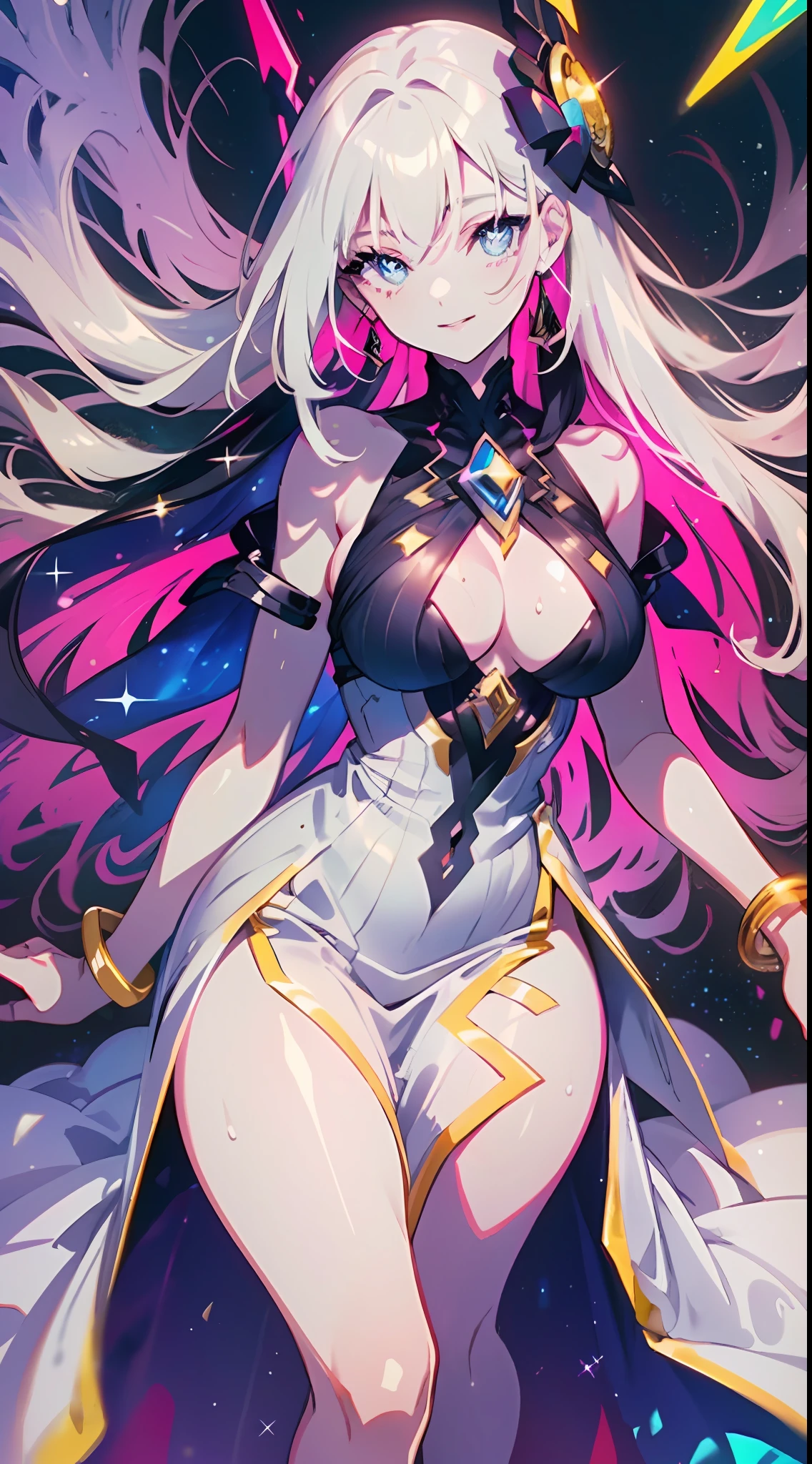 (simple hands:0.5)+(detailed hands:0.7), (masterwork), (best quality), white hair, red eyes, 1girl, ((pale skin)), ((two tone hair)), eyelashes, bracelet, jewelry, smile, gleaming skin, shiny hair, Fantasy, ((Long Hair)), 1 girl, two-tone hair, night sky, ((Incredibly detailed CG illustration masterpiece)), looking at you, anime, beautiful anime eyes, beautiful detailed eyes, eyes, ((glittering eyes)), galaxy, nebula, (full body), (curvy), POV, wet neckline, (thick thighs), 4k hd, ultra realistic, perfect body, perfect lips, perfect nose, perfect eyes, looking at the viewer, dress, ((elegant dress)), Soft Dress, Long dress, ((Neon)), ((Neon Lights)), Bright Colors