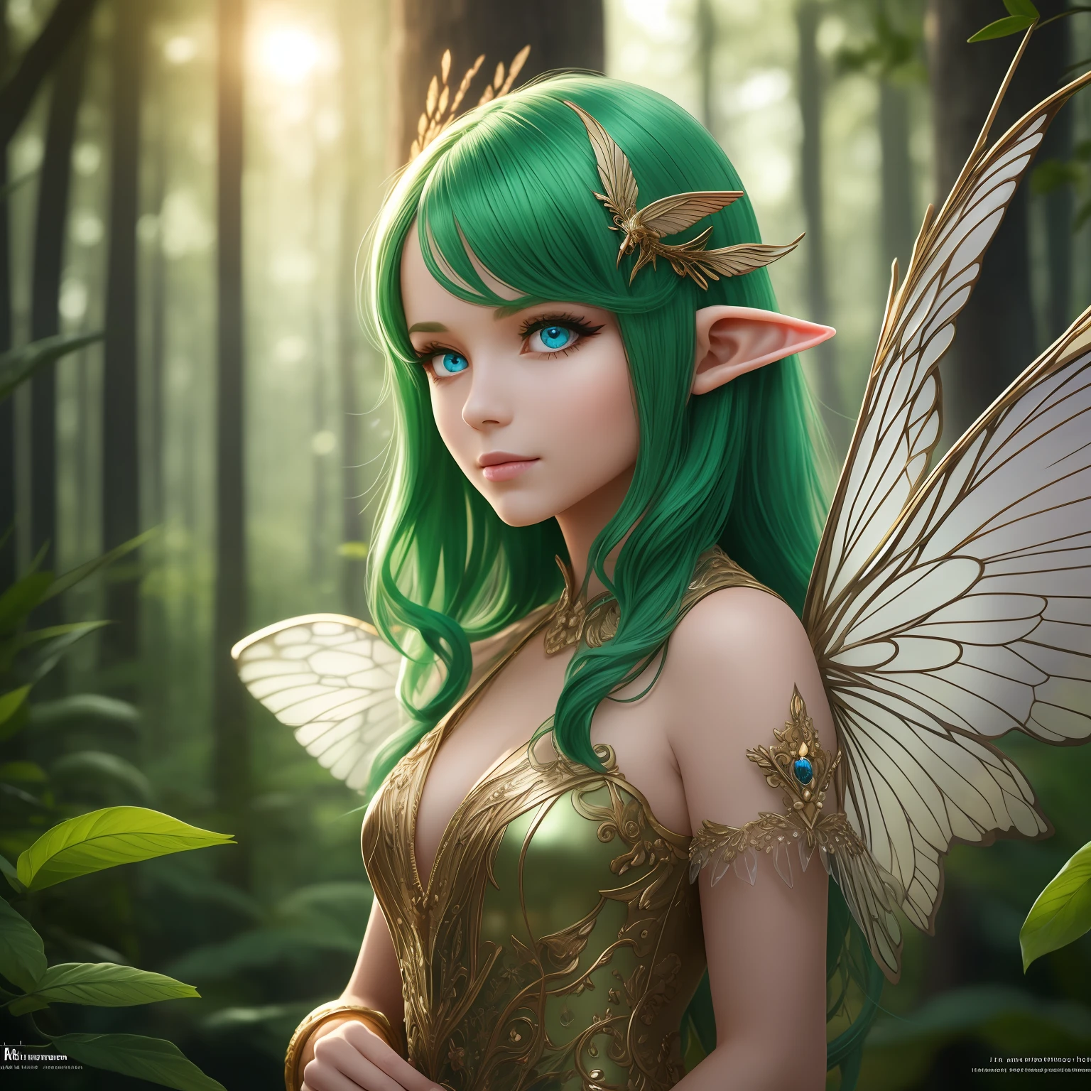 Full Body Portrait, Forest Elf, (Best Quality, 8K, Masterpiece: 1.3), Green Hair, Petite Body, (Beautiful and Detailed Eyes), (Super Detail), (Desktop Wallpaper), (Detailed Face), Ray Glow, Optical, Panoramic Illumination, Atmospheric Perspective, Dawn, Anti-Aliasing: 5D, Light Painting, Color, Beautiful Face, Perfect Body Beauty: 1.4, Clear Facial Features, Symmetrical Transparent Wings, Stunning Details