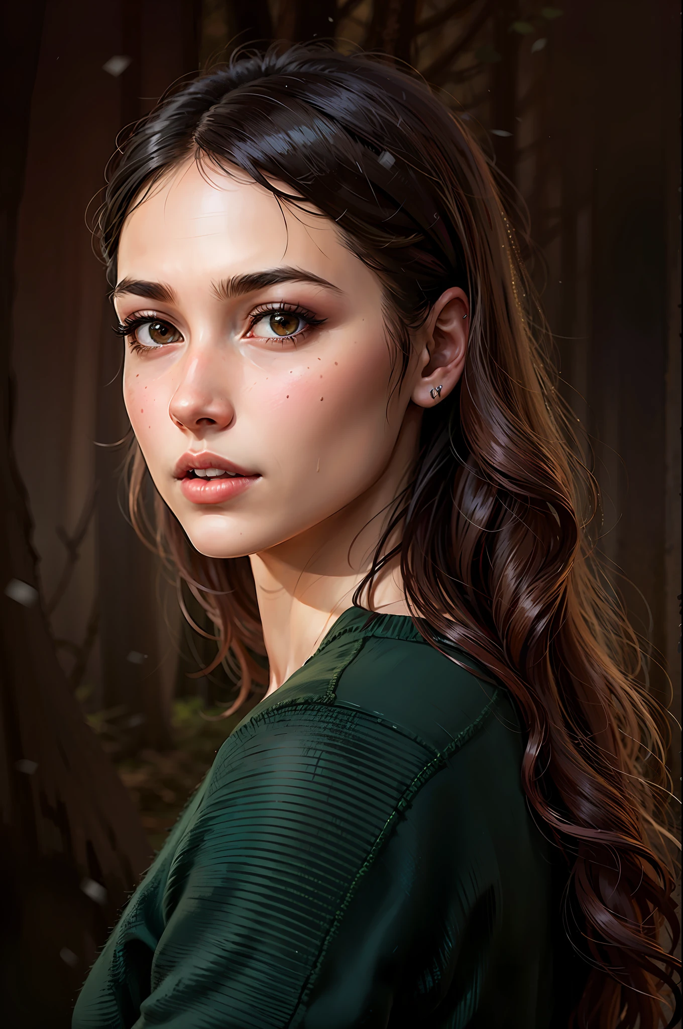 a hyper-realistic portrait of a young woman, under a tree, inside a forest, in the middle of nature, 22 years old, realistic, (lying on her side), sexy, (huge breasts 2:1), short brown hair, (hair tied with bows), curved, SFW