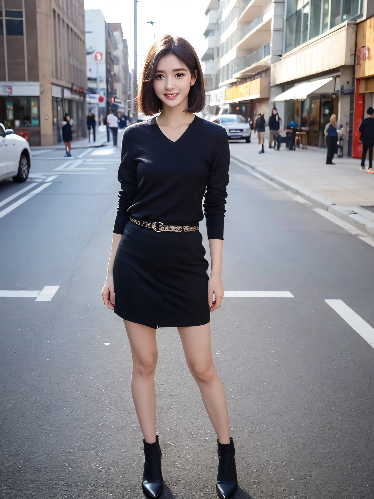 ((Best Quality, 8K, Masterpiece: 1.3)), 1 girl, smile, full body, slim face, pretty woman, (short dark brown hair), high-end sense outfit, super detailed face, detailed eyes, double eyelids, blurred background, slim face, city, outside, street,