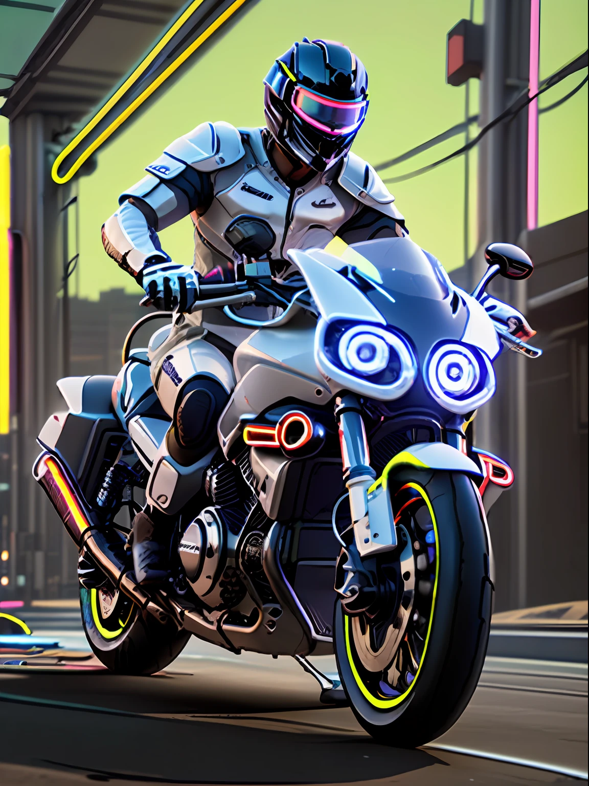 (((Nice Mechanical Girl)))) Wearing ((White Slip Wedding Dress)), Riding a motorcycle on the highway with a helmet, Riding a futuristic motorcycle, sitting on a cyberpunk motorcycle, very beautiful (Burning Clouds), Sunset, Riding a motorcycle, wearing a helmet, the motorcycle flashes (((((Neon lights)))), Girl screams yolo - aesthetics, riding motorcycle, motorcyclist, electronic girl, E - girl, leaning over motorcycle, speed, fast and furious, sand creek, (3d rendering)