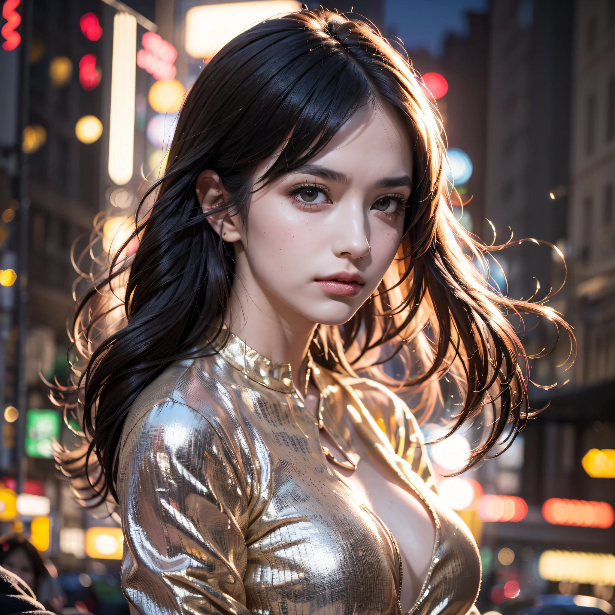 portrait photography, beautiful young woman with transparent western tunic dress, eyes visible through hair, proper eye position, natural skin, backlight, cinematic light, rim light, soft light , hips, in night time, city side background, detailed color graded background, intricate , highly detail, octane render, HD, 8k, by Annie Leibovitz