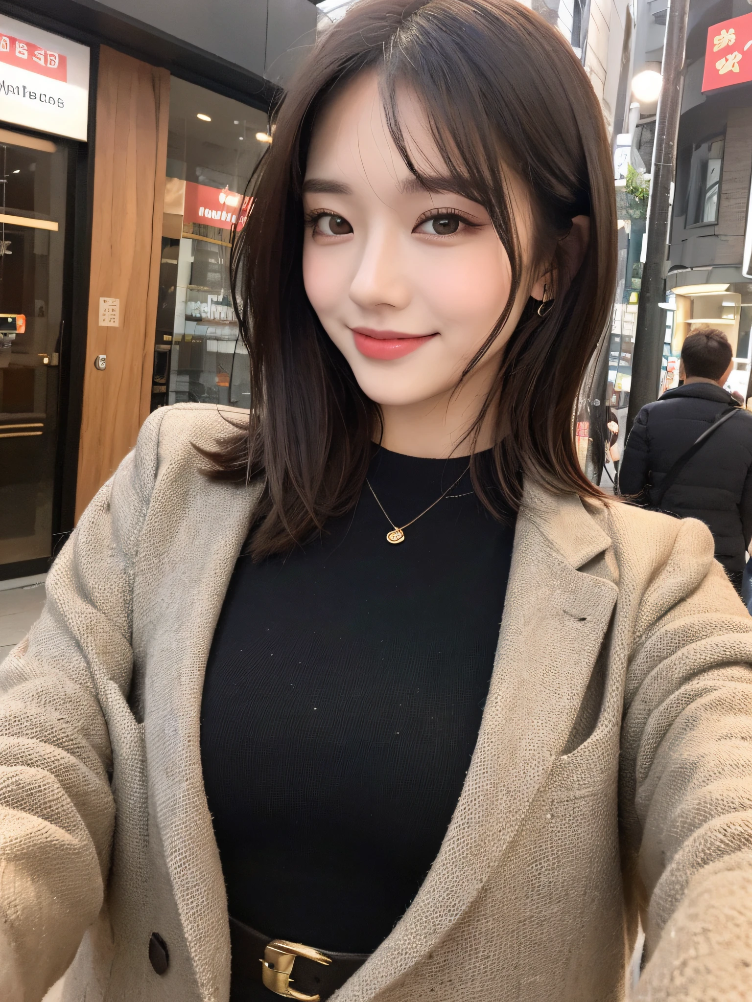 ((Best Quality, 8K, Masterpiece: 1.3)), 1 girl, smile, full body, slim face, pretty woman, (short dark brown hair), high-end sense outfit, super detailed face, detailed eyes, double eyelids, blurred background, slim face, city, outside, street,