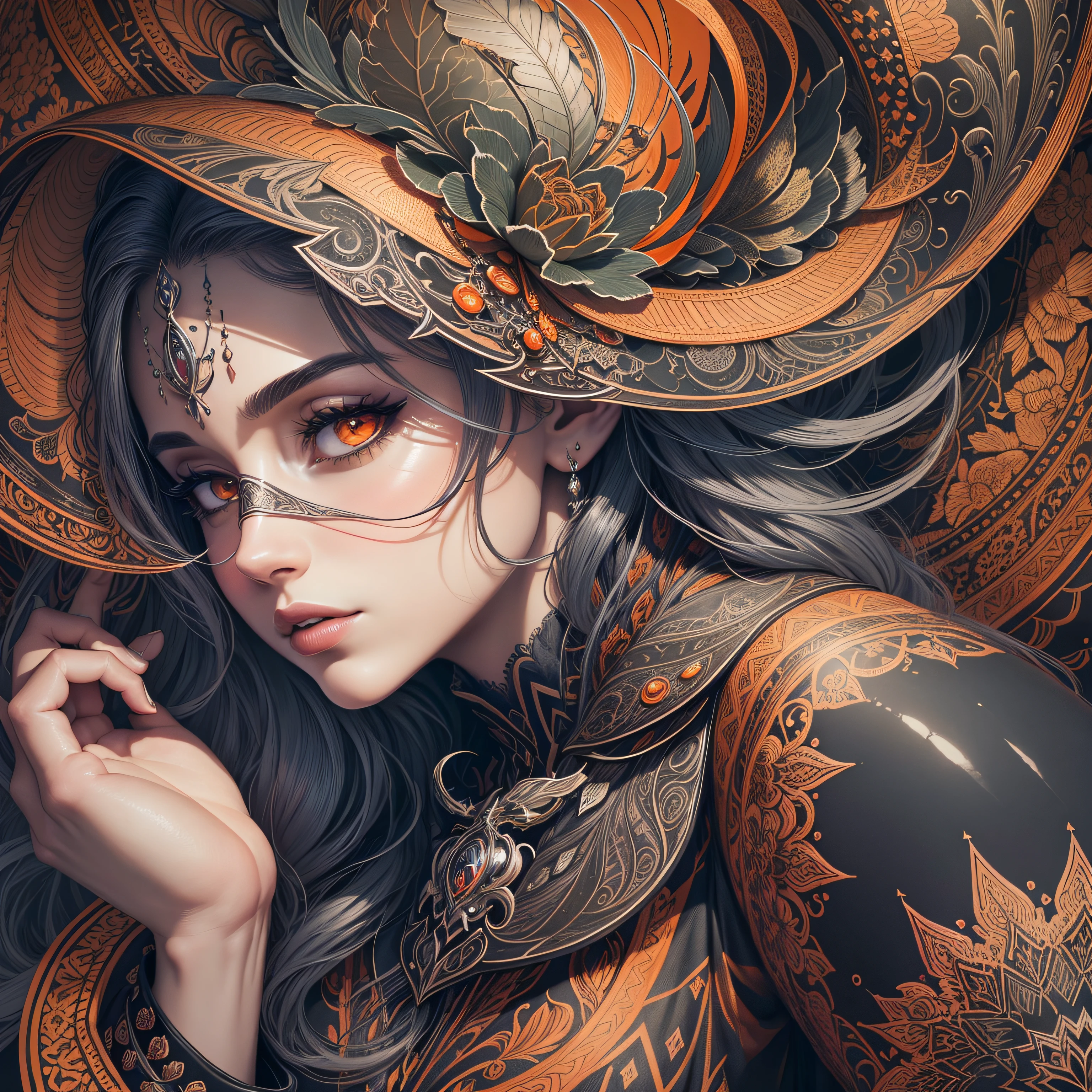 (best quality) Joyce Bardinas, ultra-detailed, intricate linework, highly detailed illustration, perfect composition, beautiful and stunning, dynamic angle, high contrast, incredible shading, incredible detail, unique style, orange details, (dark and mystical atmosphere), intricate and detailed nature elements. --auto --s2