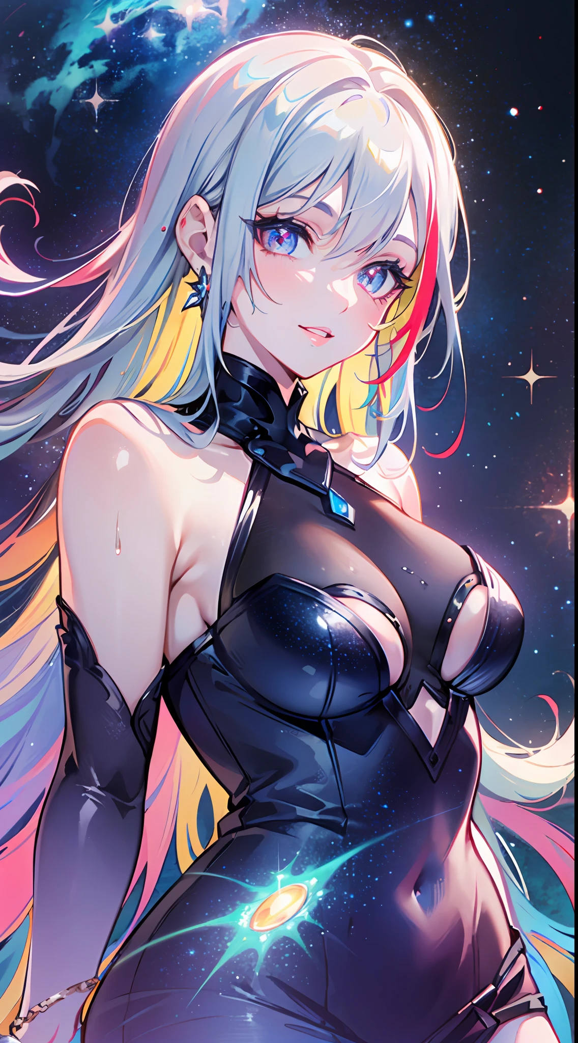 (simple hands:0.5)+(detailed hands:0.7), (masterwork), (best quality), white hair, red eyes, 1girl, ((pale skin)), ((two tone hair)), eyelashes, bracelet, jewelry, smile, gleaming skin, shiny hair, Fantasy, ((Long Hair)), 1 girl, two-tone hair, night sky, ((Incredibly detailed CG illustration masterpiece)), looking at you, anime, beautiful anime eyes, beautiful detailed eyes, eyes, ((glittering eyes)), galaxy, nebula, (full body), (curvy), POV, wet neckline, (thick thighs), 4k hd, ultra realistic, perfect body, perfect lips, perfect nose, perfect eyes, looking at the viewer, dress, ((elegant dress)), Soft Dress, Long dress, ((Neon)), ((Neon Lights)), Bright Colors