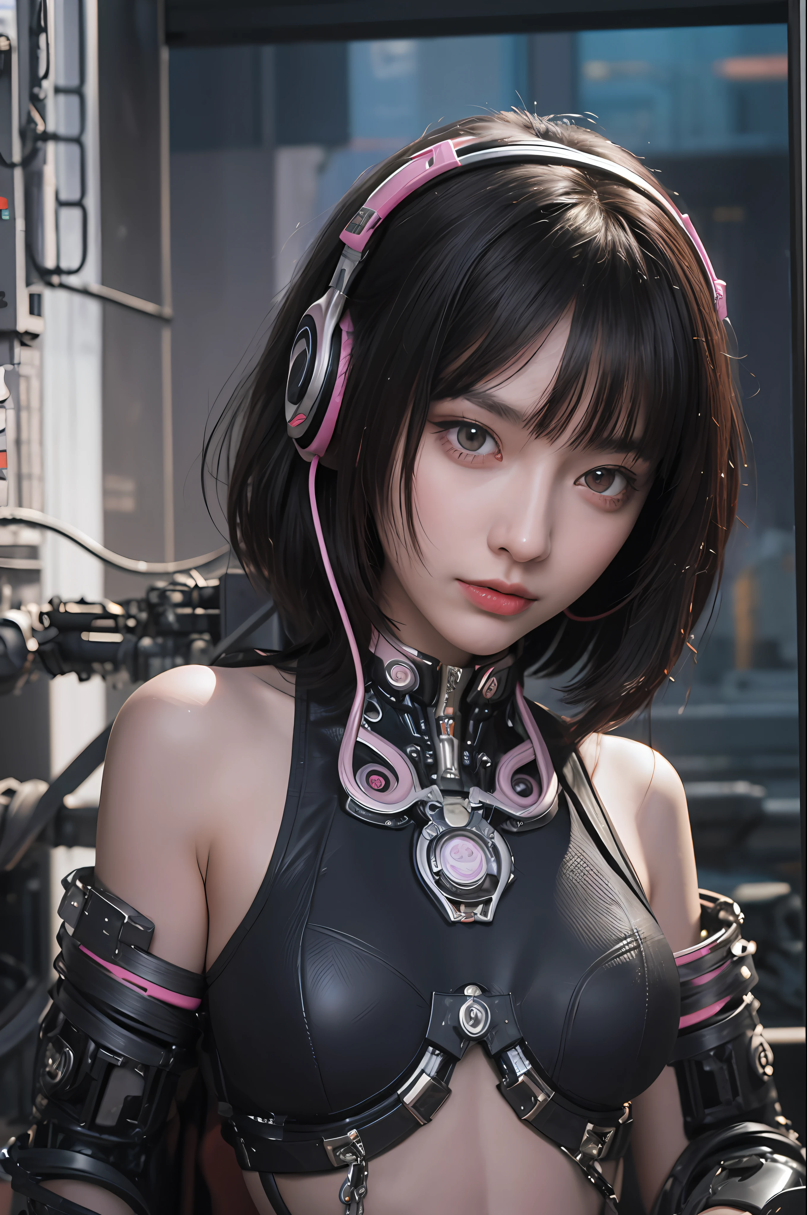 Top Quality, Masterpiece, Ultra High Resolution, (Photorealistic: 1.4), Raw Photo, 1 Girl, Black Hair, Glossy Skin, 1 Mechanical Girl, (Ultra Realistic Detail)), Portrait, Global Illumination, Shadows, Octane Rendering, 8K, Ultra Sharp, Big, Cleavage Exposed Raw Skin, Metal, Intricate Ornament Details, Headset, Hydraulic cylinder, very intricate details, realistic light, CGSoation trend, purple eyes, glowing eyes, facing the camera, neon details, mechanical limbs, blood vessels connected to the tube, mechanical vertebrae attached to the back, mechanical cervical attachment to the neck, sitting, wires and cables connecting to the head, evangelion, cyberpunk, small LED lamp, The background is the hustle and bustle of Blade Runner