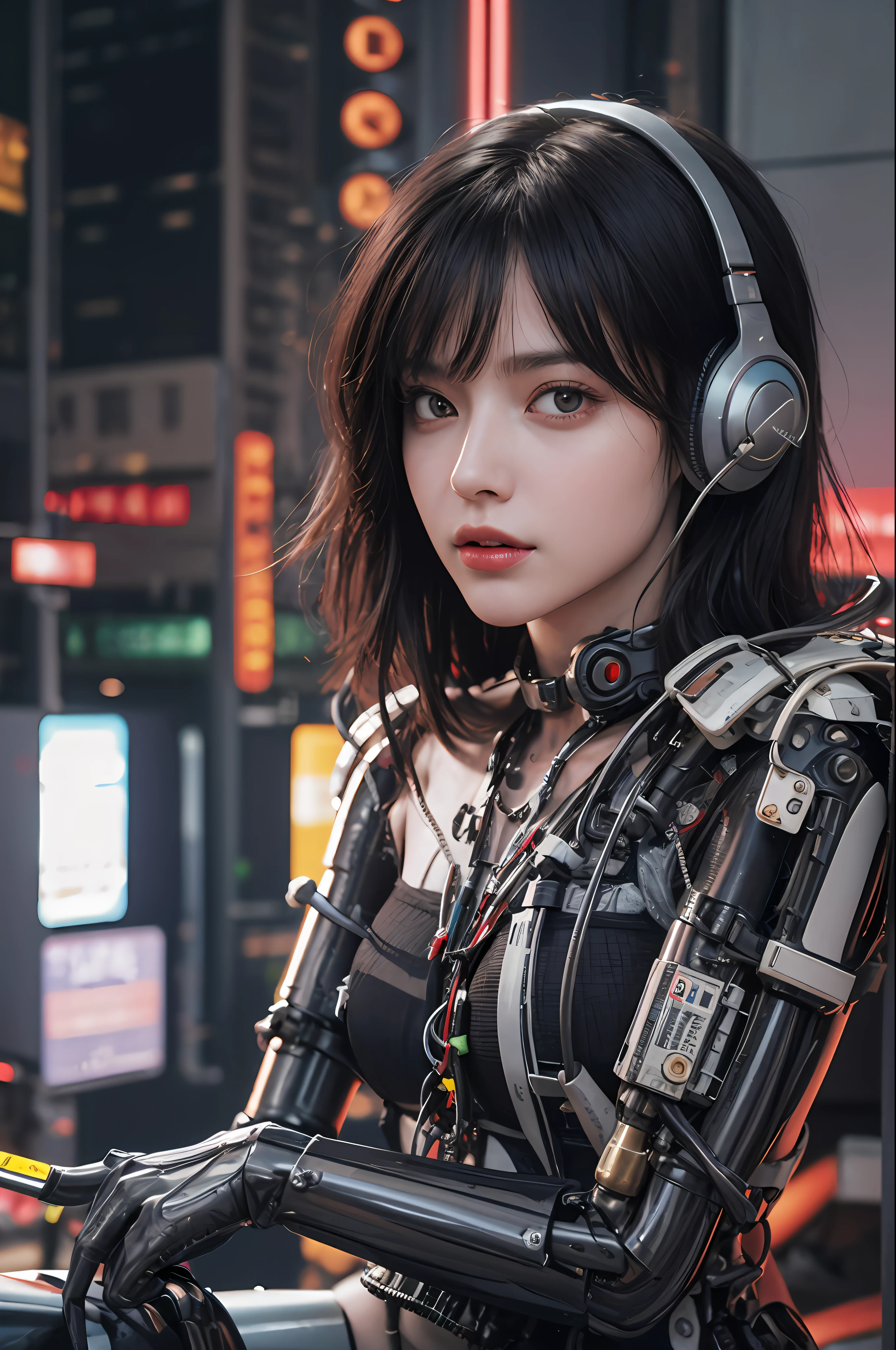 Top Quality, Masterpiece, Ultra High Resolution, (Photorealistic: 1.4), Raw Photo, 1 Girl, Black Hair, Glossy Skin, 1 Mechanical Girl, (Ultra Realistic Detail)), Portrait, Global Illumination, Shadows, Octane Rendering, 8K, Ultra Sharp, Big, Cleavage Exposed Raw Skin, Metal, Intricate Ornament Details, Headset, Hydraulic cylinder, very intricate details, realistic light, CGSoation trend, purple eyes, glowing eyes, facing the camera, neon details, mechanical limbs, blood vessels connected to the tube, mechanical vertebrae attached to the back, mechanical cervical attachment to the neck, sitting, wires and cables connecting to the head, evangelion, cyberpunk, small LED lamp, The background is the hustle and bustle of Blade Runner