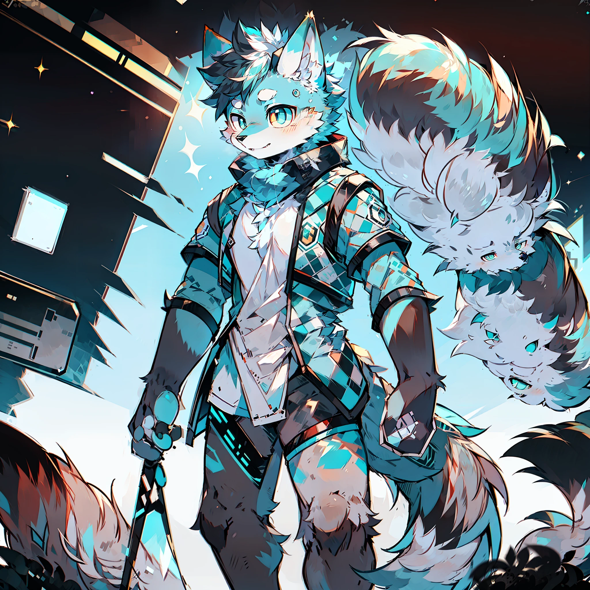 Furry male gray-black cyan pattern wolf bright cyan pupils big tail standing wearing gray uniform space
