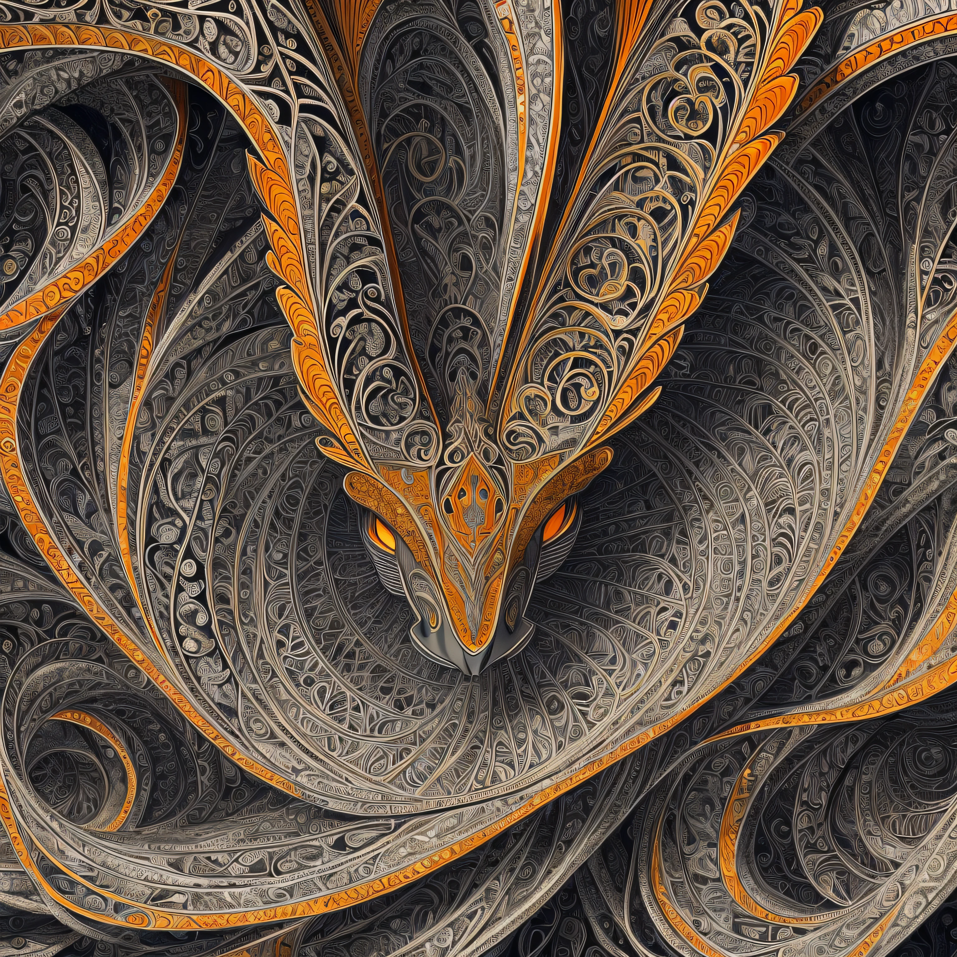 (best quality) The Beatles, ultra-detailed, intricate linework, highly detailed illustration, perfect composition, beautiful and stunning, dynamic angle, high contrast, incredible shading, incredible detail, unique style, orange details, (dark and mystical atmosphere), intricate and detailed nature elements. --auto --s2