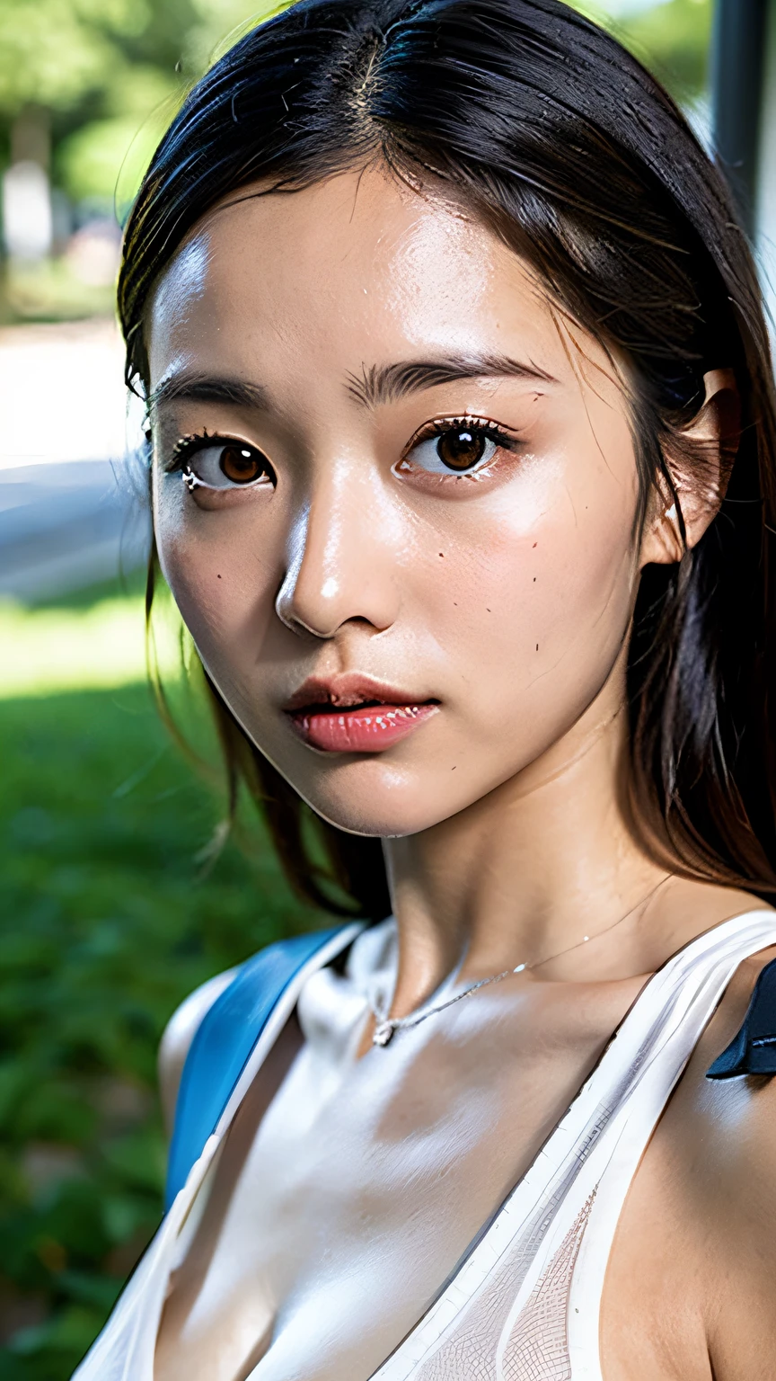 (Top Quality, 8k, 32k, Masterpiece: 1.3), Cute Japan Woman Photos, Black Shortcuts, Beauty Face, (Slouch: 1.3), (Close-Up: 1.4), POV, Racy White Swimsuit, Big, (Beautiful Nipple Slip: 1.2), Outdoor, Wind, Glossy Skin