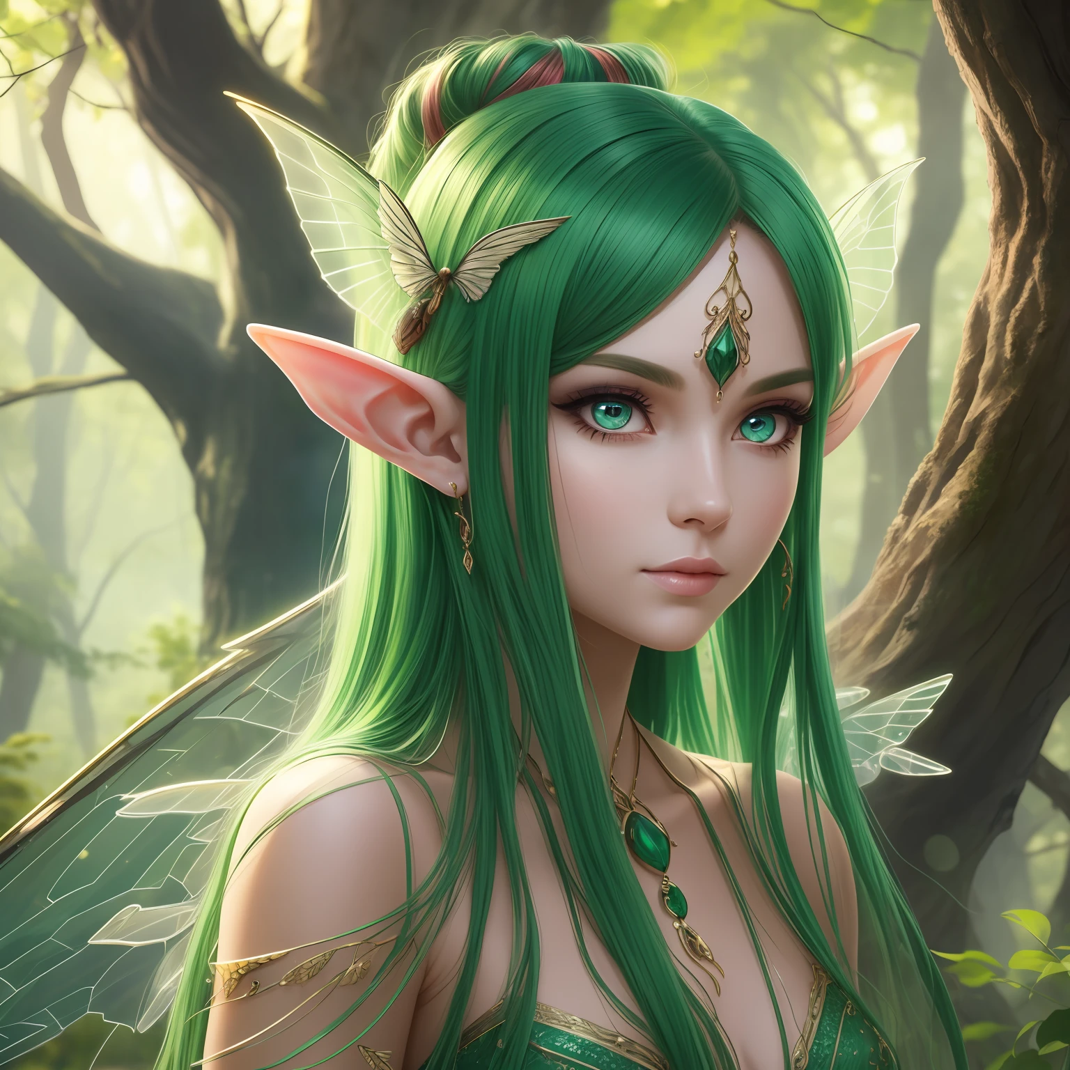Full Body Portrait, Forest Elf, (Best Quality, 8K, Masterpiece: 1.3), Green Hair, Petite Body, (Beautiful and Detailed Eyes), (Super Detail), (Desktop Wallpaper), (Detailed Face), Ray Glow, Optical, Panoramic Illumination, Atmospheric Perspective, Dawn, Anti-Aliasing: 5D, Light Painting, Color, Beautiful Face, Perfect Body Beauty: 1.4, Clear Facial Features, Symmetrical Transparent Wings, Stunning Details