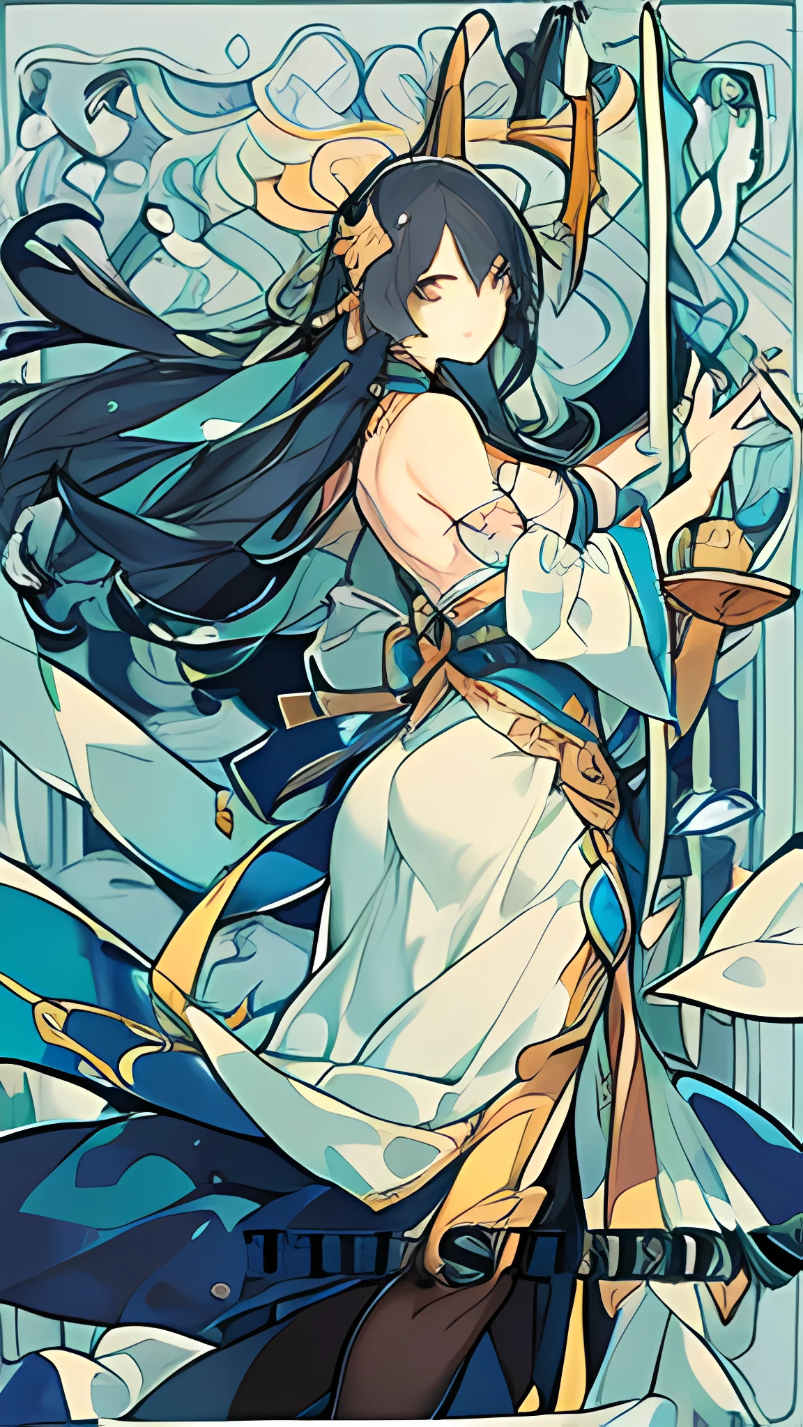 A beautiful woman stands in the center of a mystical Tarot card. She is dressed in flowing, colorful robes, adorned with intricate patterns and symbols. Her long, dark hair flows freely around her, framing her face and cascading down her back. In one hand, she holds a golden chalice, while the other hand rests on a sword at her side. The woman's face is serene and wise, with piercing eyes that seem to see beyond the veil of reality. Medium: Digital painting Additional details: Behind the woman, there is a backdrop of swirling, ethereal energy that glows with a soft, otherworldly light. The colors in the background shift and swirl, painting a portrait of the woman's inner strength and power. Image quality: (best quality, 4k, 8k, highres, masterpiece:1.2), ultra-detailed, (realistic, photorealistic, photo-realistic:1.37), sharp focus, vibrant colors. Art style: Tarot card illustration Color palette: Rich jewel tones, including amethyst, sapphire, and ruby, with touches of gold and white. Lighting: Soft, glowing light radiates from the woman and the swirling energy in the background, casting deep shadows and creating a sense of depth and dimensionality.