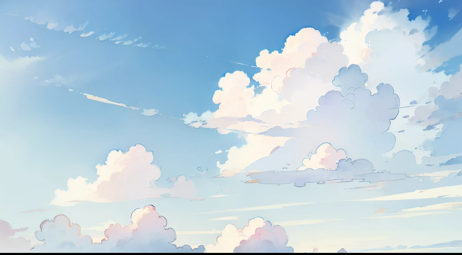 Watercolor, blue sky, white clouds, sunny