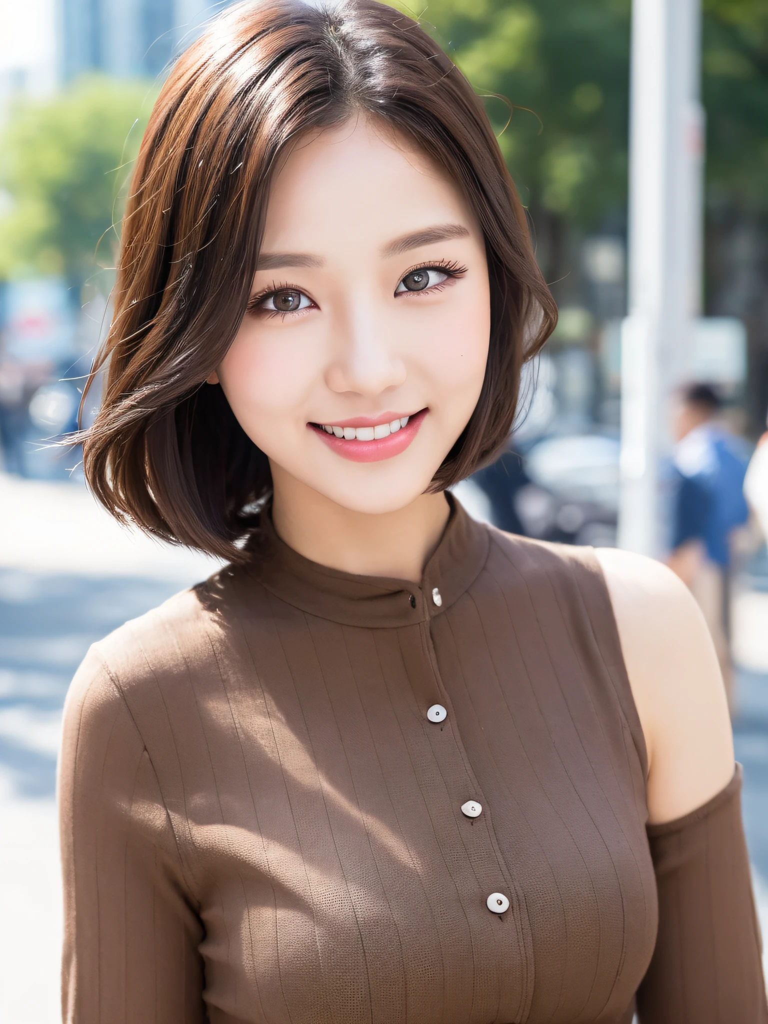 ((Best Quality, 8K, Masterpiece: 1.3)), 1 girl, smile, full body, slim face, pretty woman, (short dark brown hair), high-end sense outfit, super detailed face, detailed eyes, double eyelids, blurred background, slim face, city, outside, street,