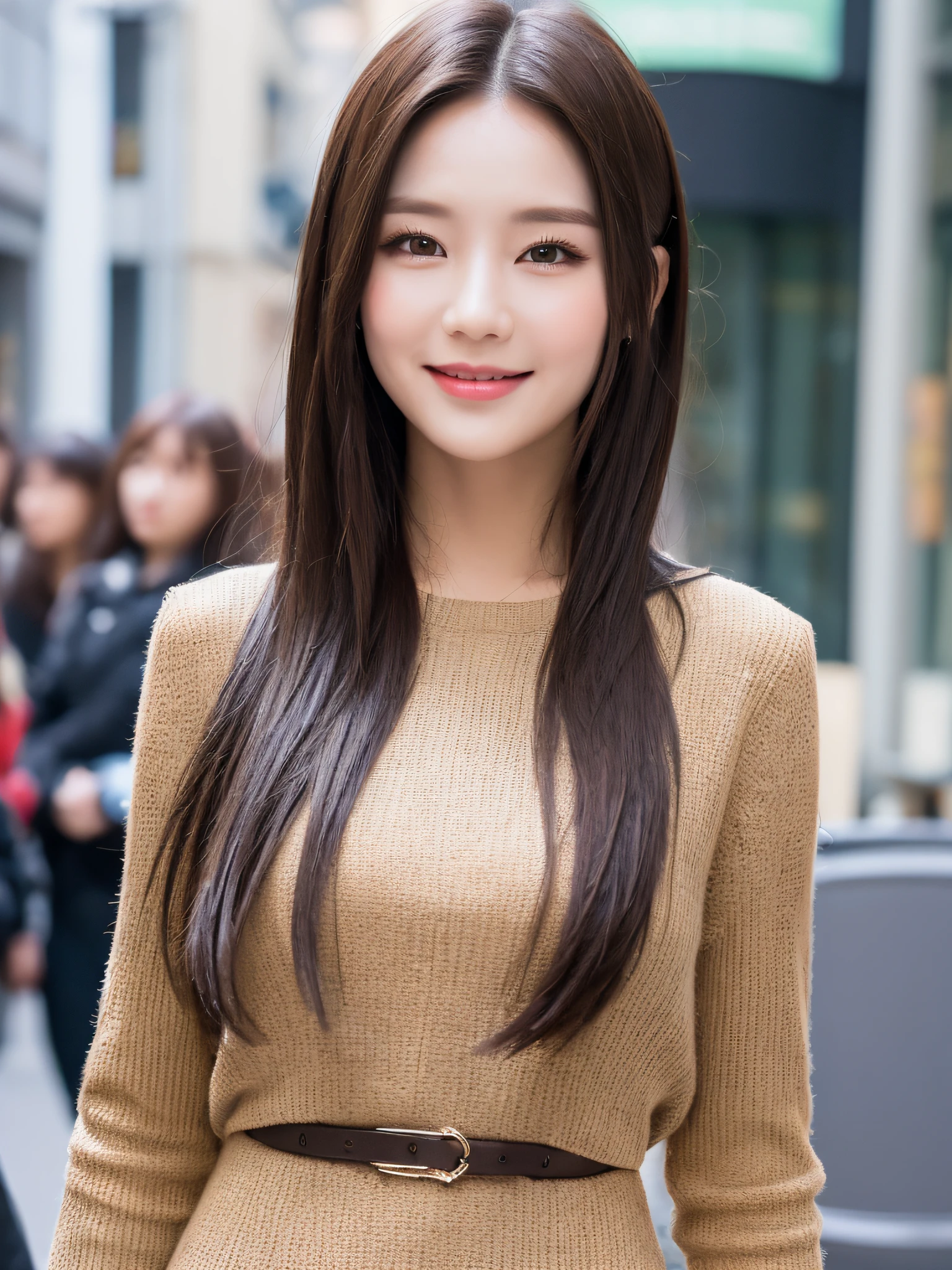 ((Best Quality, 8K, Masterpiece: 1.3)), 1 girl, smile, full body, slim face, pretty woman, (short dark brown hair), high-end sense outfit, super detailed face, detailed eyes, double eyelids, blurred background, slim face, city, outside, street,
