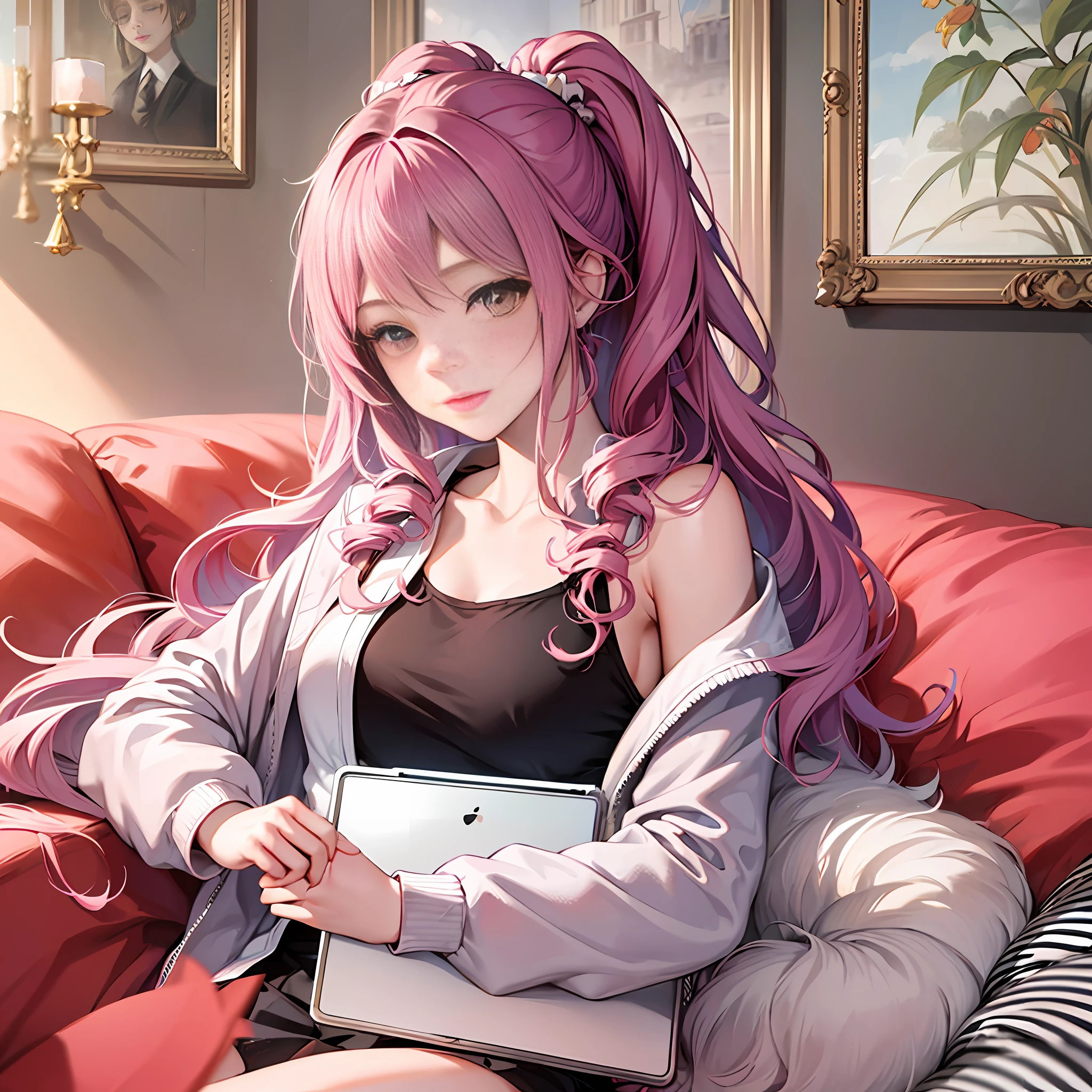 A girl casually lying on the sofa brushing iPad, cute and well-behaved, pink long curly hair and double ponytail --auto