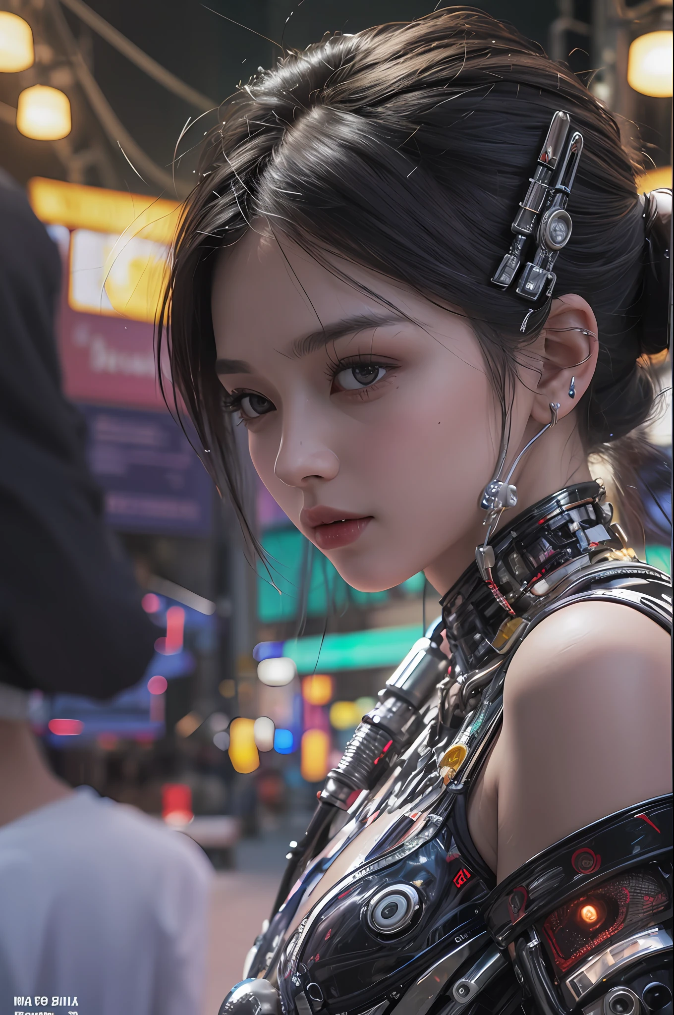 Top Quality, Masterpiece, Ultra High Resolution, (Photorealistic: 1.4), Raw Photo, Background Blade Runner Crowds, Futuristic Street Stall, 1 Girl, Black Hair, Glossy Skin, 1 Mechanical Girl, (Ultra Realistic Details)), Portrait, Global Illumination, Shadows, Octane Rendering, 8K, Ultra Sharp, Big, Cleavage Exposed Raw Skin, Metal, Intricate ornament details, headset, hydraulic cylinder, very intricate details, realistic light, CGSoation trend, purple eyes, glowing eyes, facing the camera, neon details, mechanical limbs, blood vessels connected to tubes, mechanical vertebrae attached to the back, mechanical cervical attachment to the neck, sitting, wires and cables connecting to the head, Evangelion, cyberpunk, small LED lamps,