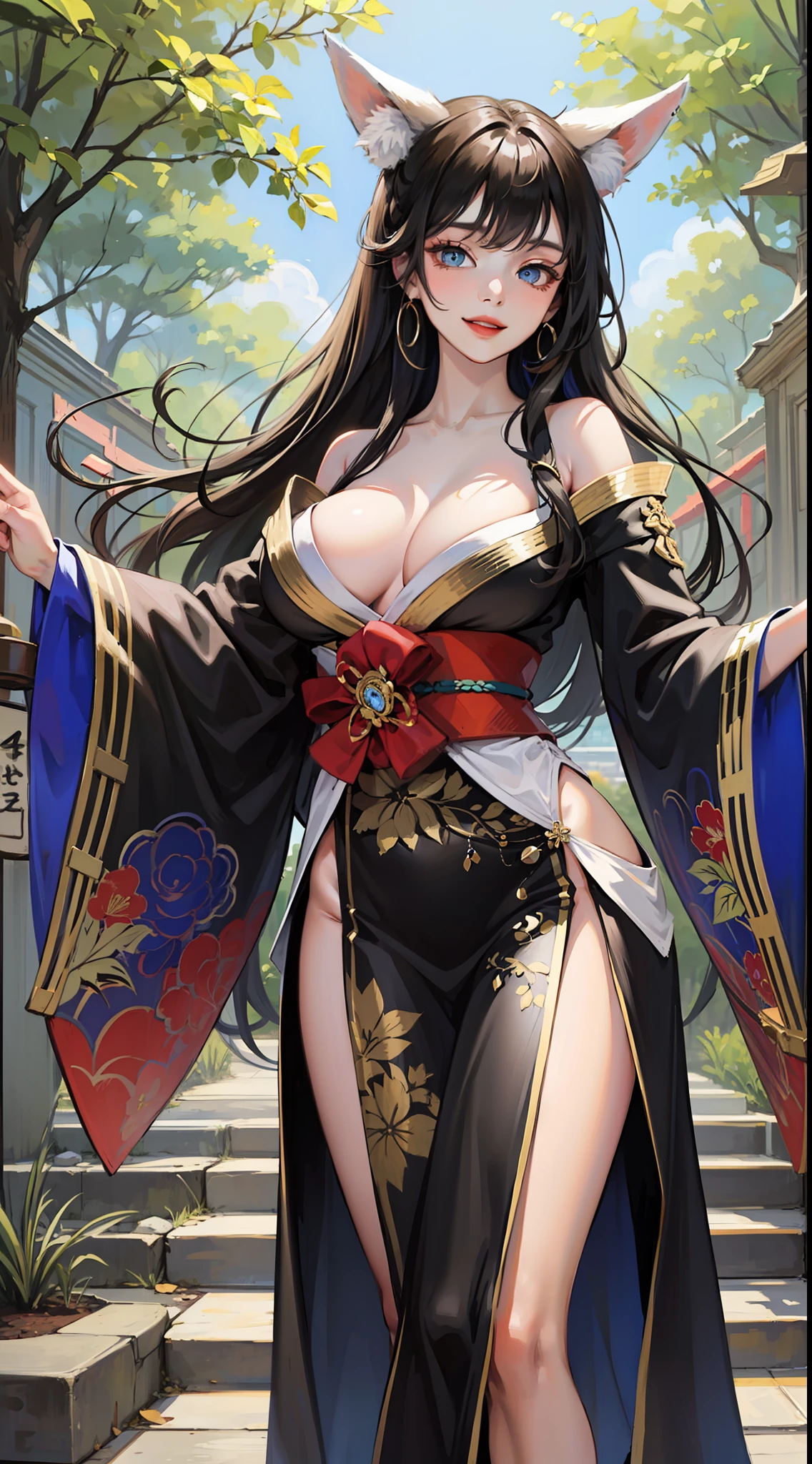Adult woman, long black hair, blue eyes, white fox ears, open kimono, open breasts, big breasts, smile, masterpiece, high quality