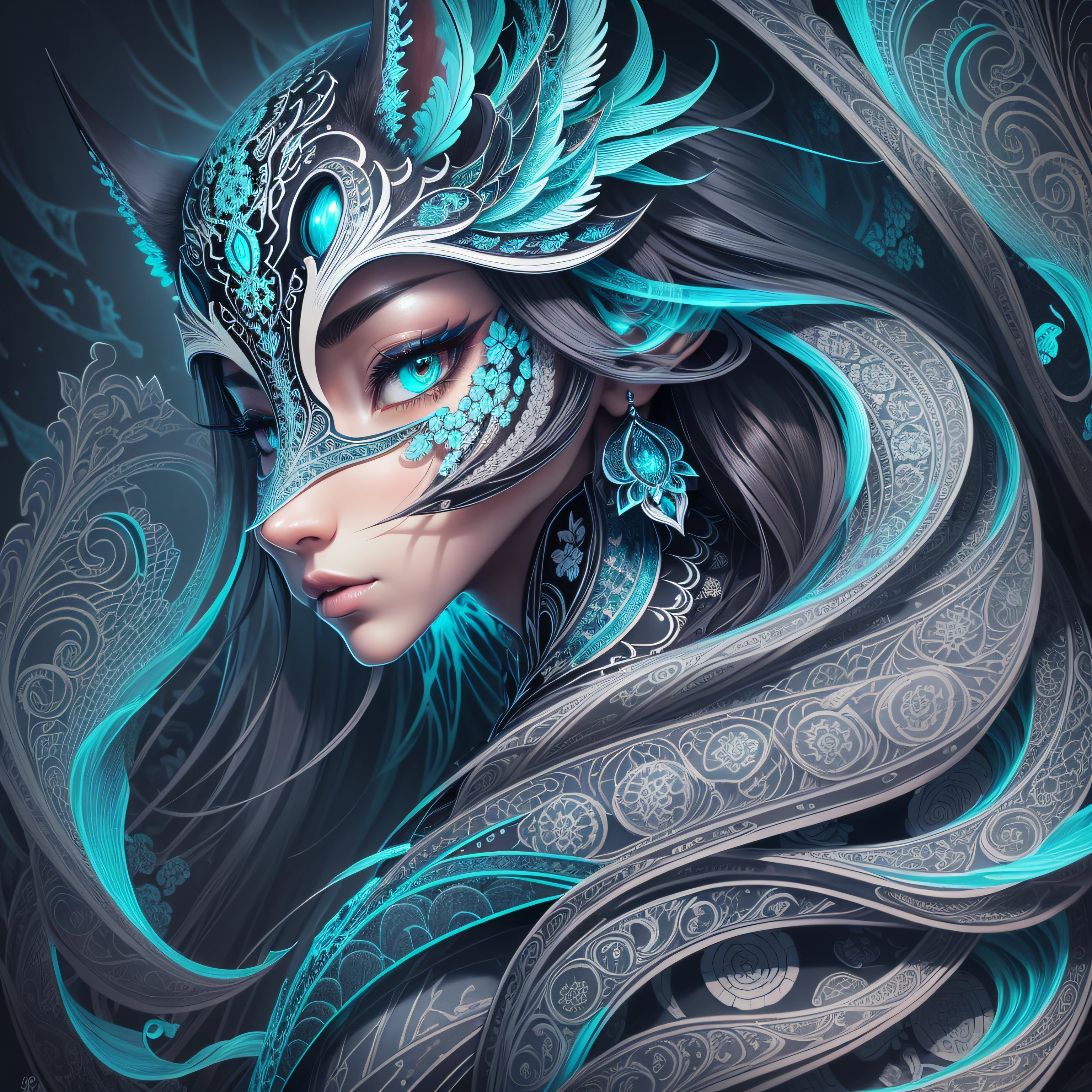 best quality) Japanese, ultra-detailed, intricate linework, highly detailed illustration, perfect composition, beautiful and stunning, dynamic angle, high contrast, incredible shading, incredible detail, unique style, teal details, (dark and mystical atmosphere), intricate and detailed nature elements. --auto --s2