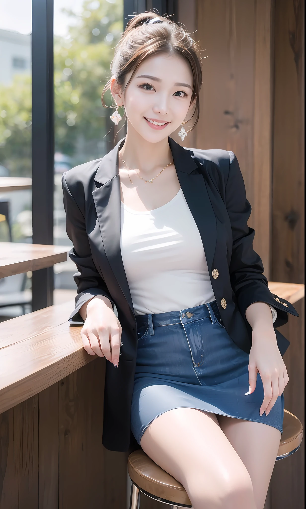 Delicate, Masterpiece, Beautiful Detail, Colorful, Fine Detail, Detail, Detail, Big Breasts, 1 Woman, (20 Year Old Beautiful Korean Woman: 1.1), (KPOP Idol, Korean Mix), (50mm Sigma f/1.4 ZEISS Lens, F1.4, 1/800s, ISO 100, Photo: 1.1), (Ponytail + Blonde: 1.2), Realistic: 1.4), (Spy: 1.2), (dark blue open jacket, shirt, skirt, tie, black pantyhose, Christian Louboutin \ (brand\): 1.3), earrings, necklace, armlets, (tavern: 1.2), (beautiful legs, tall woman, skinny, slim legs, thigh gap, model: 1.2), lens flare, happy smile from the front: 1.1), Dynamic pose, (make: 1.2), sitting on bar stools, Nogizaka idol, Korean idol, actress, gravure idol, armpit, arms crossed, android