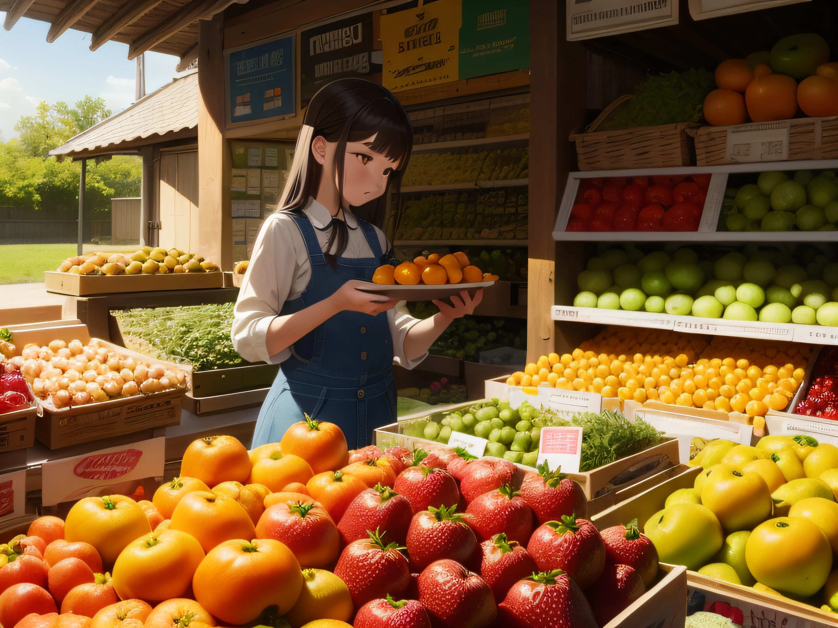 Strawberries, tangerines, turnips, loquat, Komatsuna, (fresh 1.2), bright, warm colors, girls, greengrocers