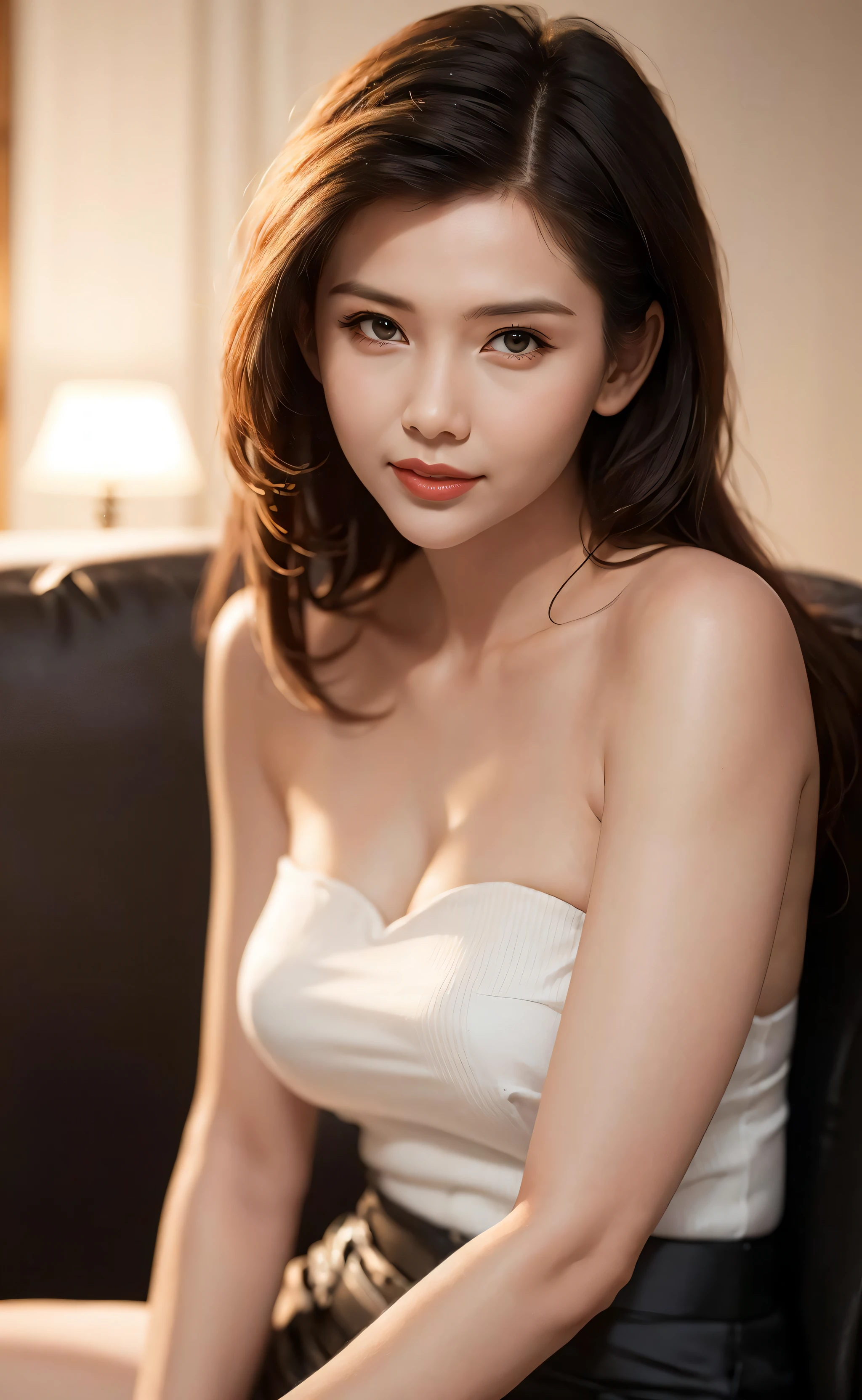 1girl, (looking at viewer), (bokeh:1.1), closed mouth,light smile, realistic, sitting_on_couch, strapless dress,
skirt, skyline,
best quality, (photorealistic:1.4), ultra highres, Chingmy YauV2