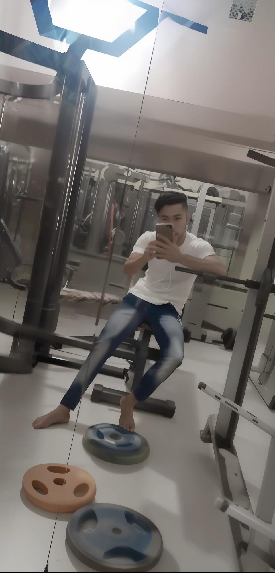 there is a man that is sitting on a bench in a gym, in a gym, fit pic, working out, very very low quality picture, candid picture, candid photo, with accurate face, full body;, with abs, full body picture, ayan nag, cool pose, with a cool pose, morning time, very artistic pose, low quality, legs and arms