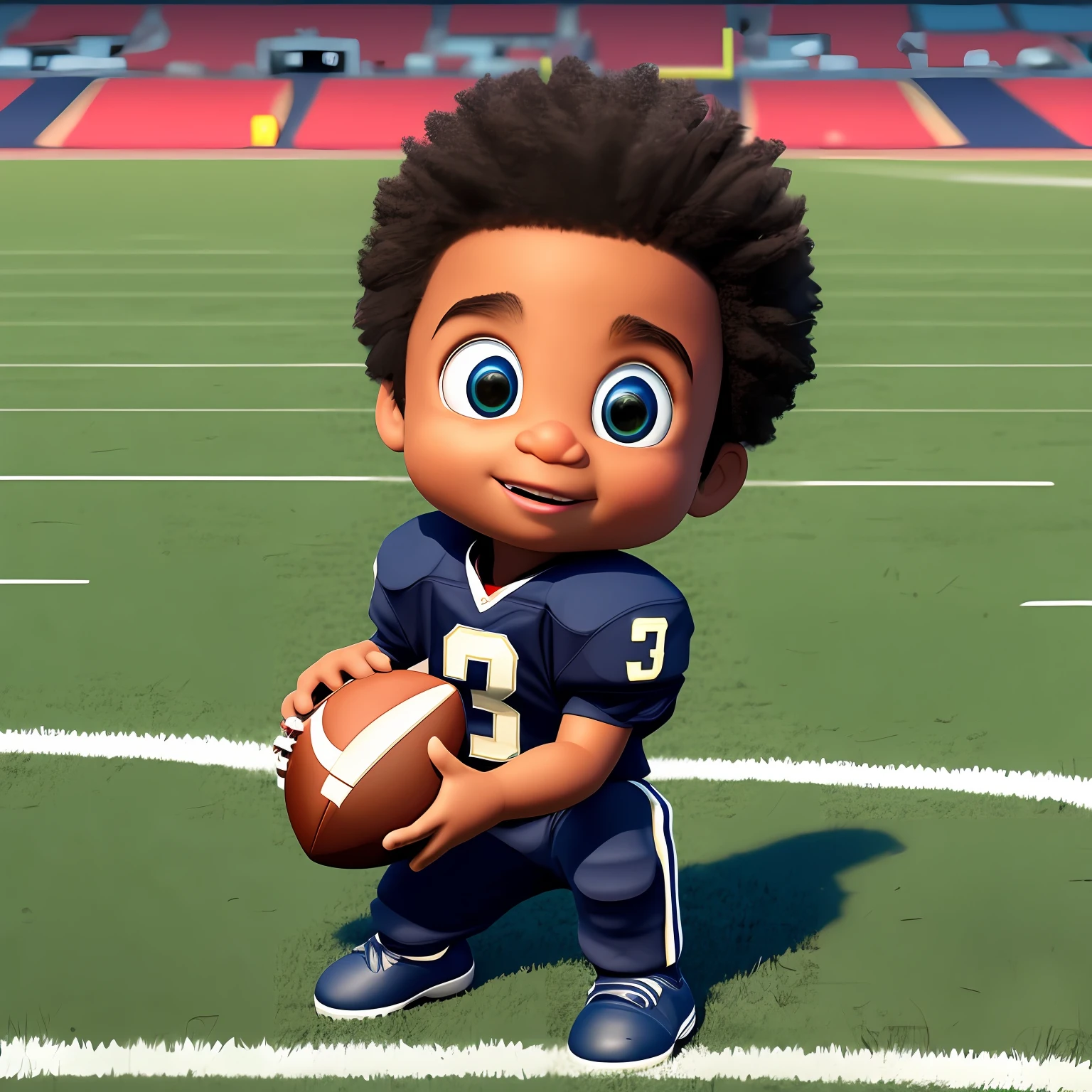 Little black boy seen from the front, holding an American football on the field of an American football stadium, Pixar style, 3D style, Disney style, 8k, cute