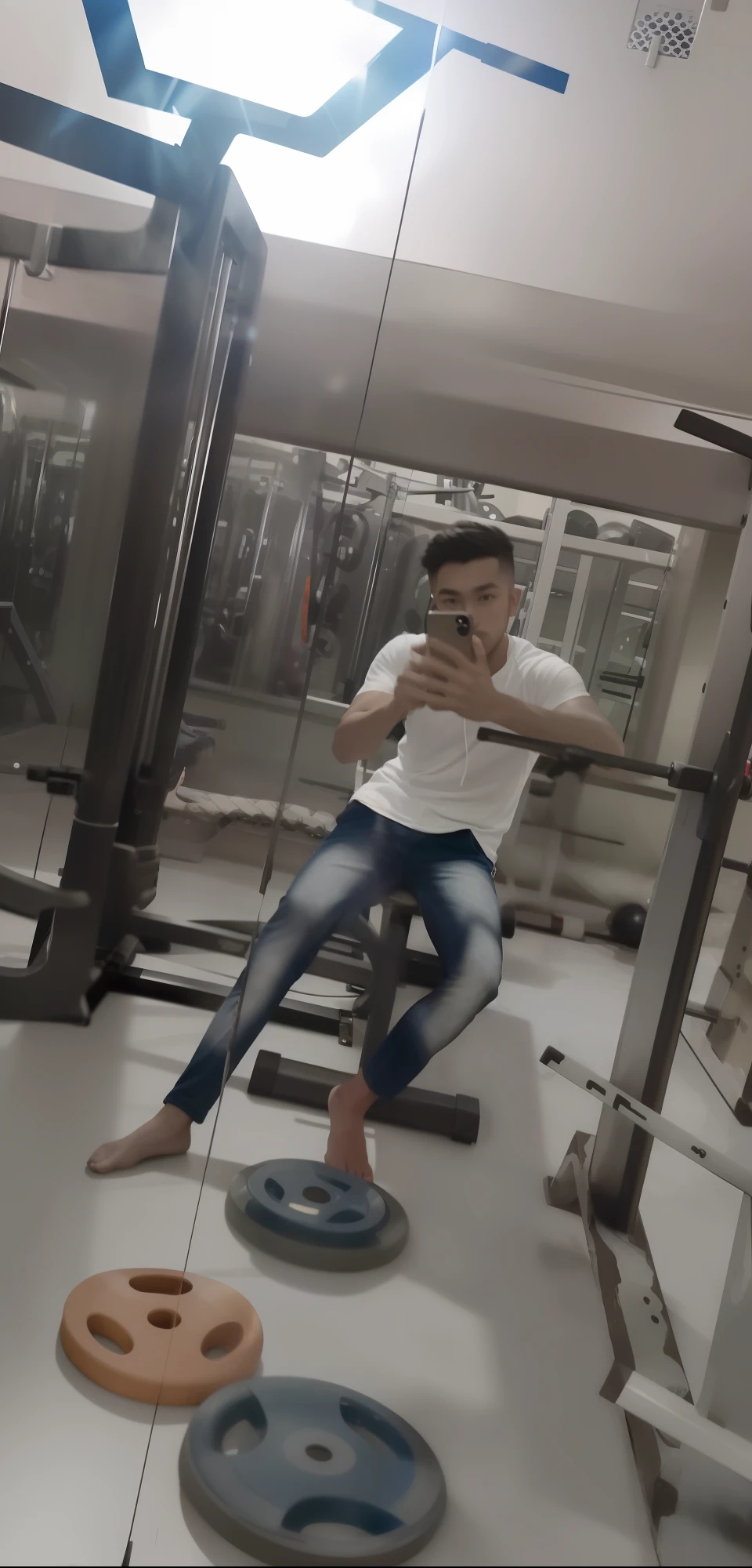 there is a man that is sitting on a bench in a gym, in a gym, fit pic, working out, very very low quality picture, candid picture, candid photo, with accurate face, full body;, with abs, full body picture, ayan nag, cool pose, with a cool pose, morning time, very artistic pose, low quality, legs and arms