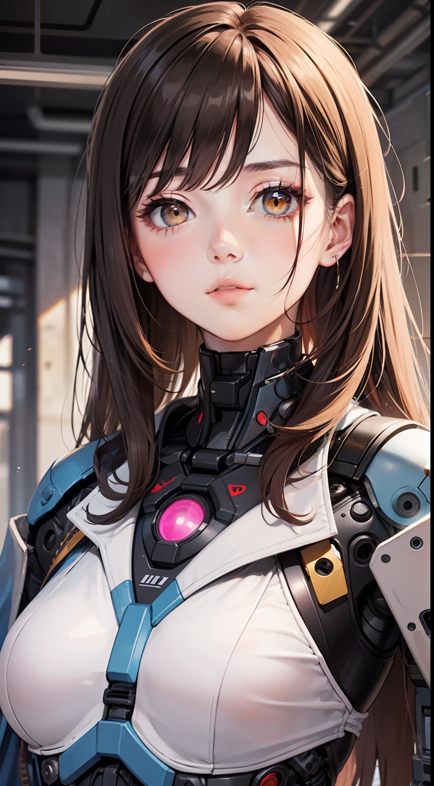 A royal sister, mechanical body, cyberpunk, (doctor profession,doctor white coat, cloth material),  pink mecha,perfect mechanical structure, body length: 0.7, distant view, detailed skin texture, exquisite and detailed face, deep black hair, masterpiece, best quality, super detailed, 8k, masterpiece, best quality, super detailed, original painting, face focus, blush, golden eyes, looking at viewer, medium shot, fashion, (small boobs: 1.1), the hospital interior background,