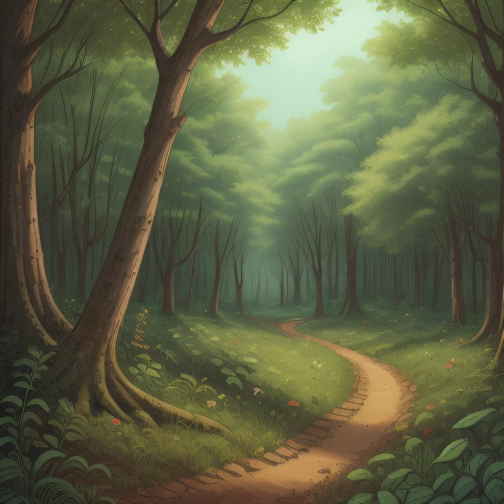 Children's picture book illustration, in the woods, overgrown forest, impressive composition, dim, wide angle lens, cute, color illustration, 18th century France