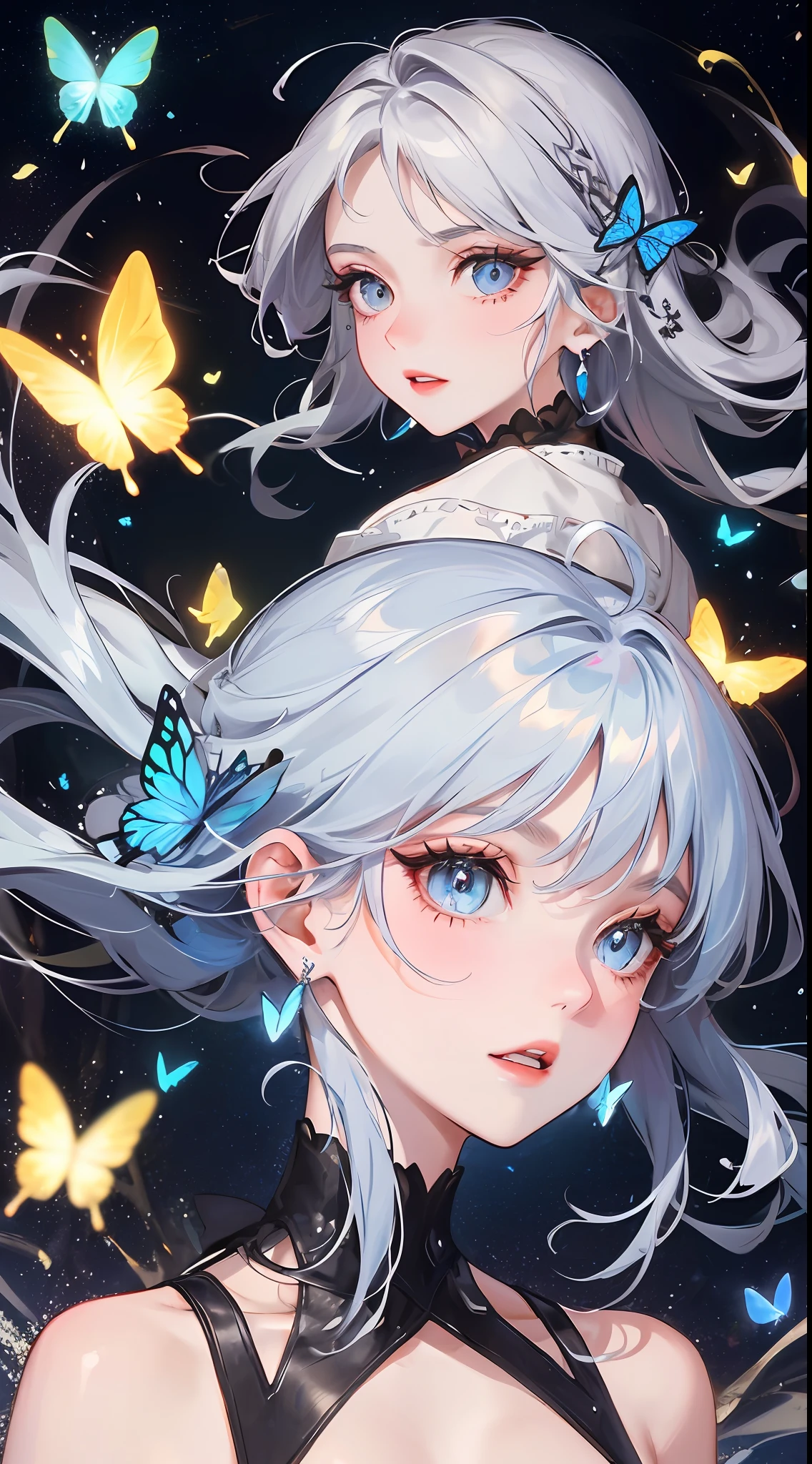 A girl, side face, blue hair, exquisite hair accessories, jewel-like eyes, long eyelashes, shooting stars, night, rosy lips, silver earrings, (flying blue butterflies), flying, splashing, butterflies, national wind, lots of butterflies