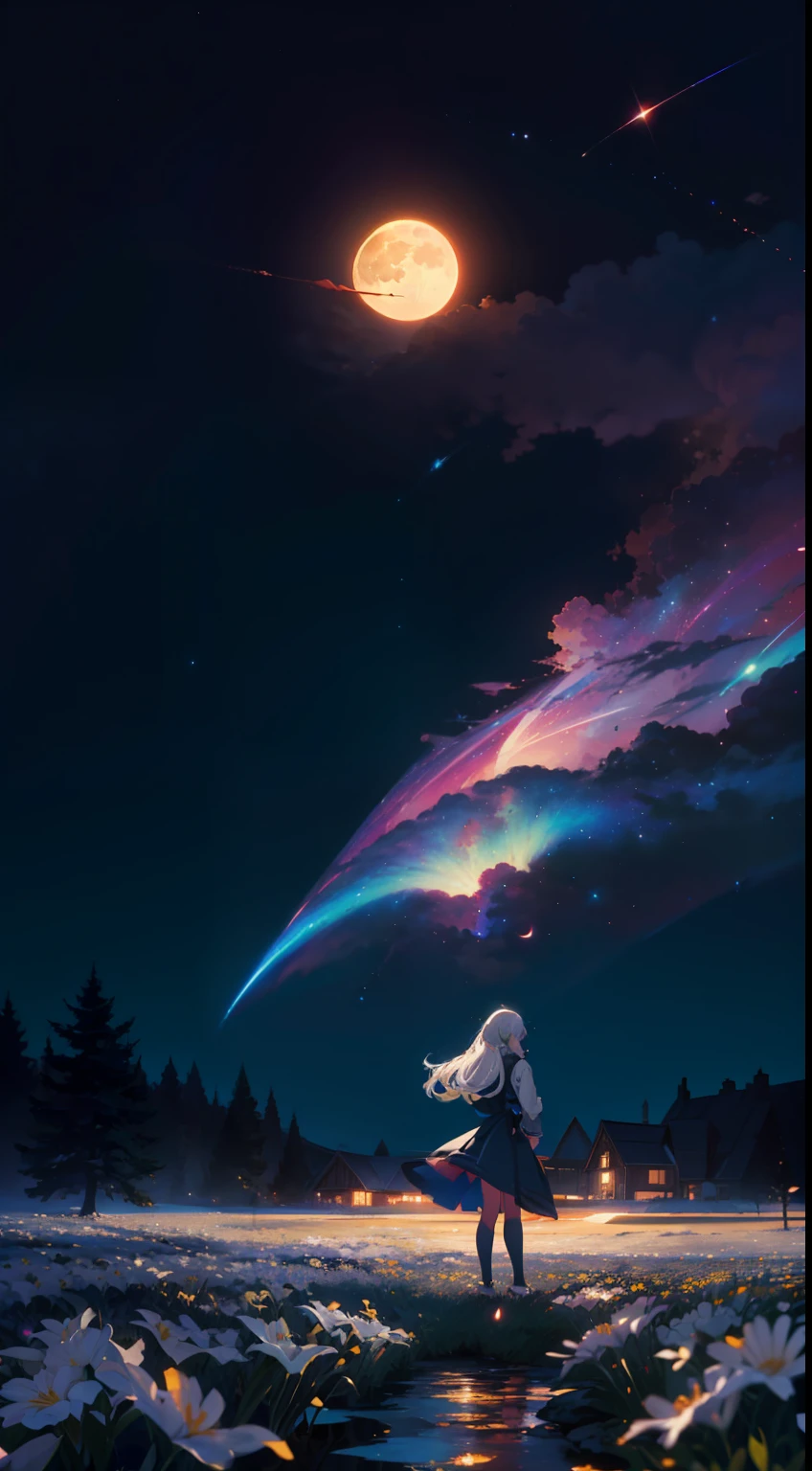 Extensive landscape photo , (looking up and down), Girl standing in flower field looking up, (Full Moon:1.2), ( Shooting Star:0.9), (Nebula:1.3), Flower field of white flowers, Shining flower field, Tree , (Warm light source:1.2), (Firefly:1. 2), Lamp, lots of orange and blue, fine details, voluminous Lighting BREAK (Masterpiece:1.2), (Top Quality), 4k, Super Dense, (Dynamic Composition:1.4), Very Dense, Colorful Details, ( Iridescent:1.2), (Glowing Lighting, Atmospheric Lighting), Dreamy, Fantastic, (Solo:1.2), Glitter, Dancing Petals, White Hair, Beautiful Hair, long hair, cat ears, back view, magical effect of water, soap bubbles