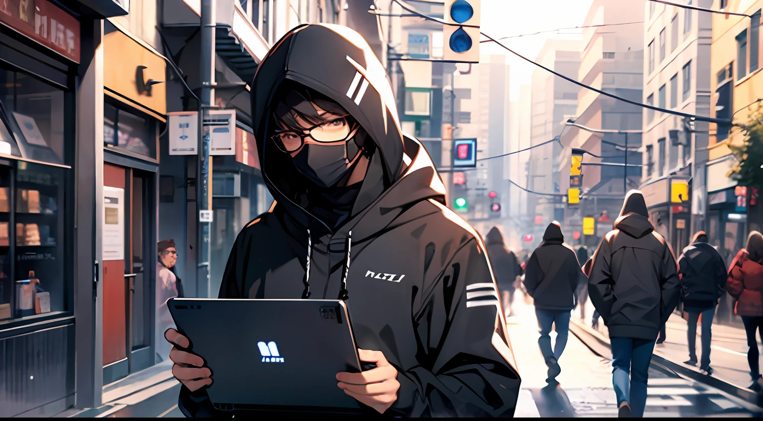 Masterpiece, best quality, a man, hacker, with mask, computer, streetside