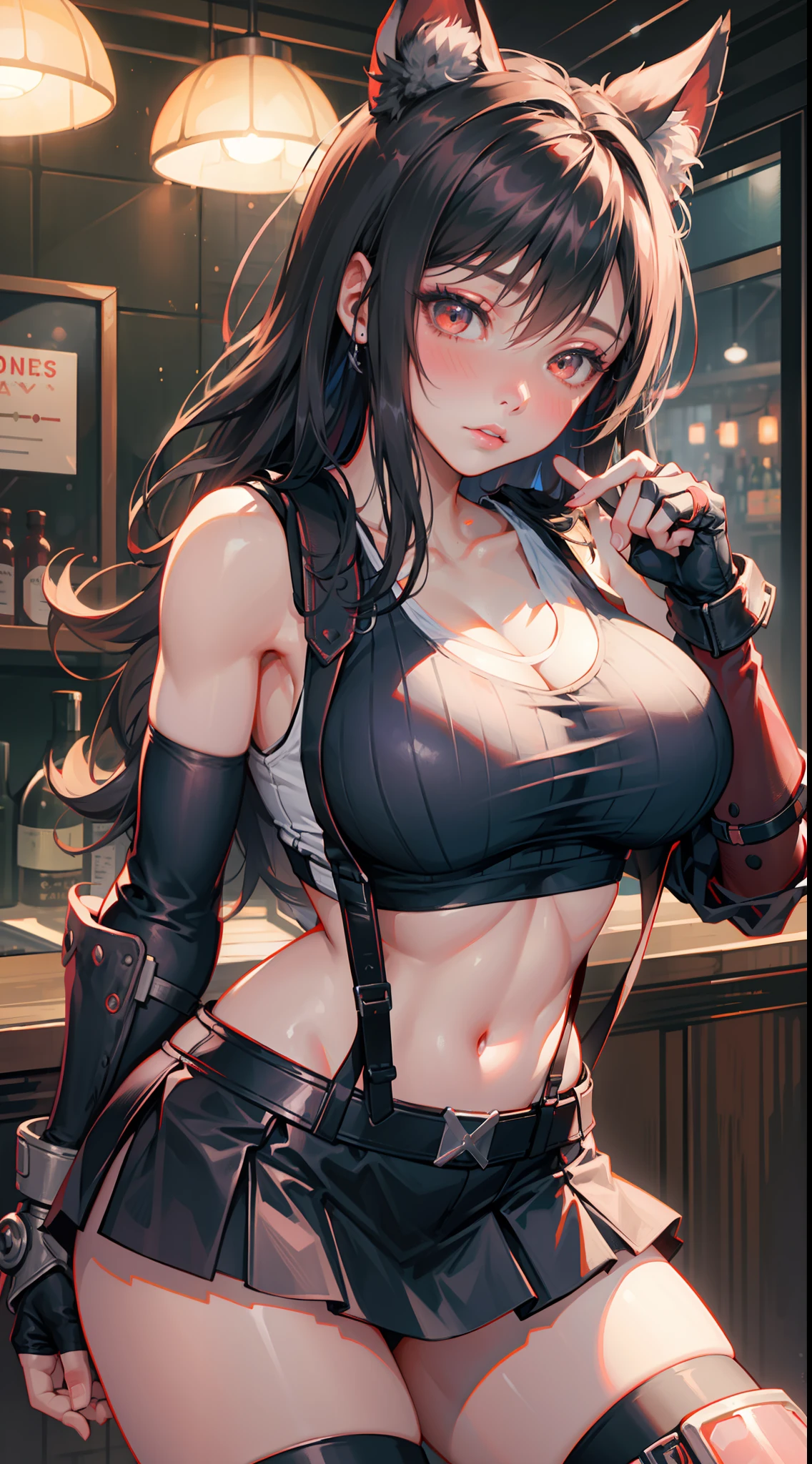 Final Fantasy VII, (nose blush), single elbow pad, ankle boots, black hair, black skirt, black thighhighs, red boots, elbow gloves, elbow pads, fingerless gloves, taut shirt, sports bra, (suspender black skirt), thighhighs, white tank top, top body is hyperrealistic thicc muscle and hyper largest_breasts!! with the type of boobs_melons, black hair, full body, look at viewer, posing standing in bar, sensual mouth, makeup, bokeh, best quality, masterpiece, highres, UHD, 1080P