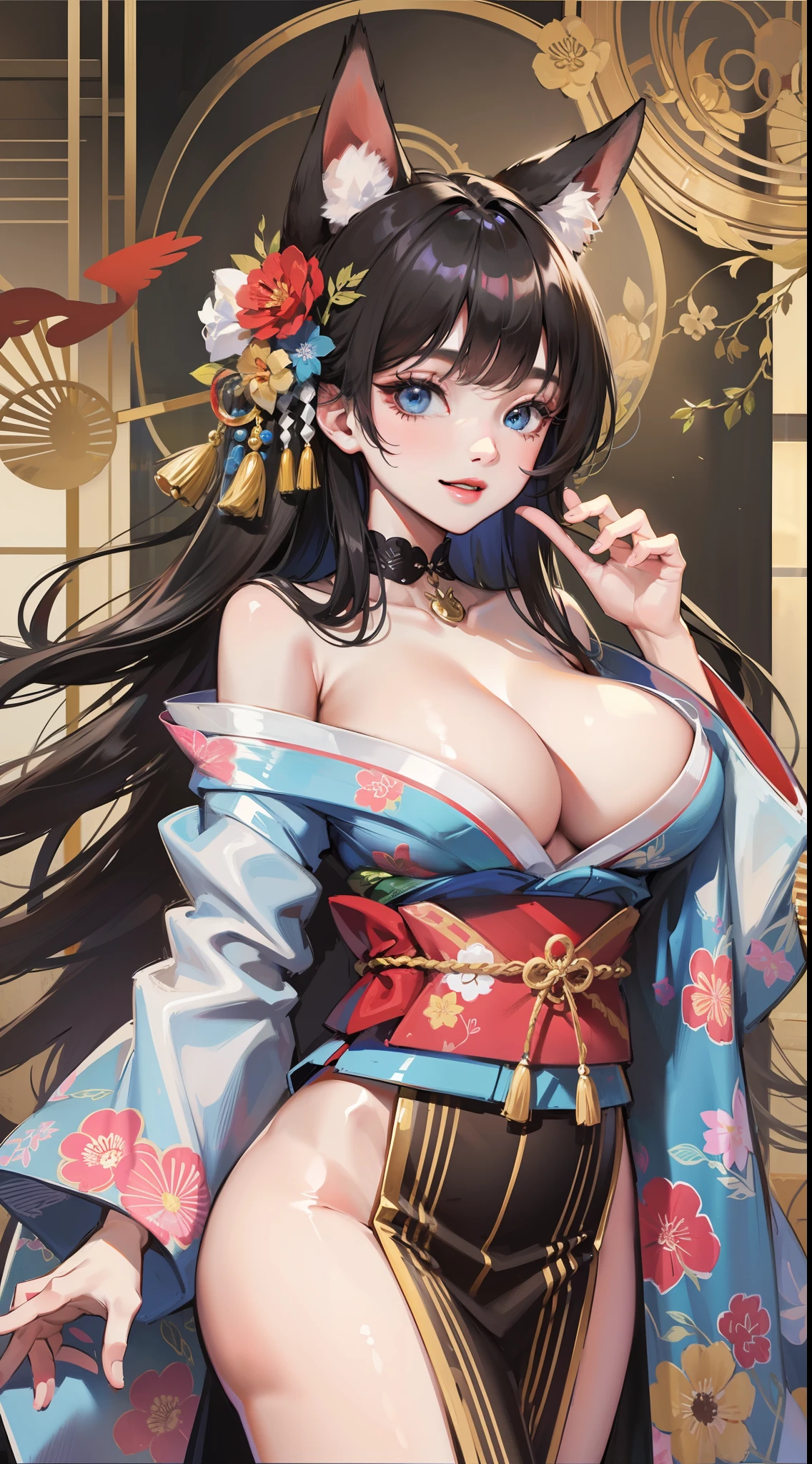 Adult woman, long black hair, blue eyes, white fox ears, open kimono, open , big bre, masterpiece, high quality