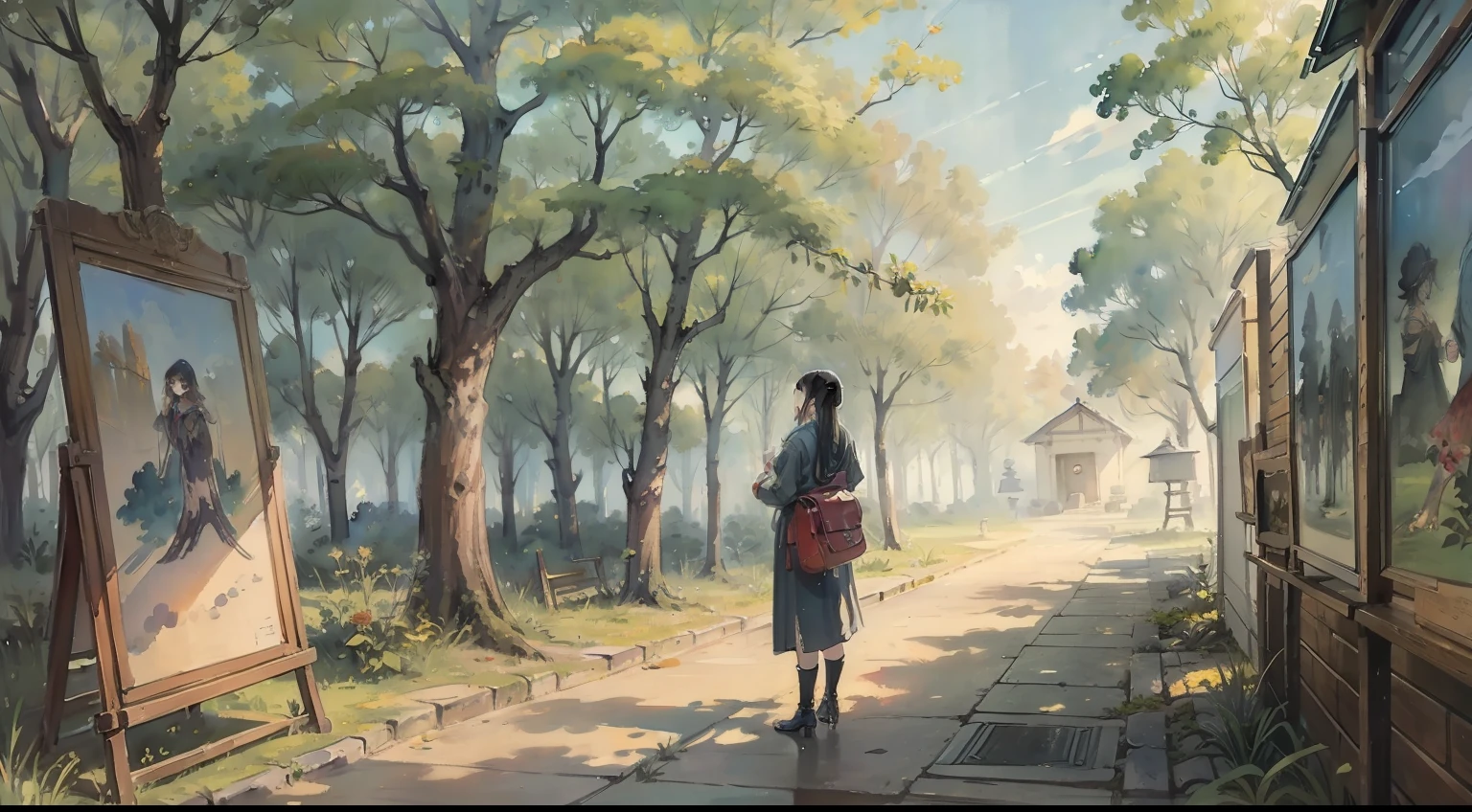 Watercolor painting, small museum, trees standing