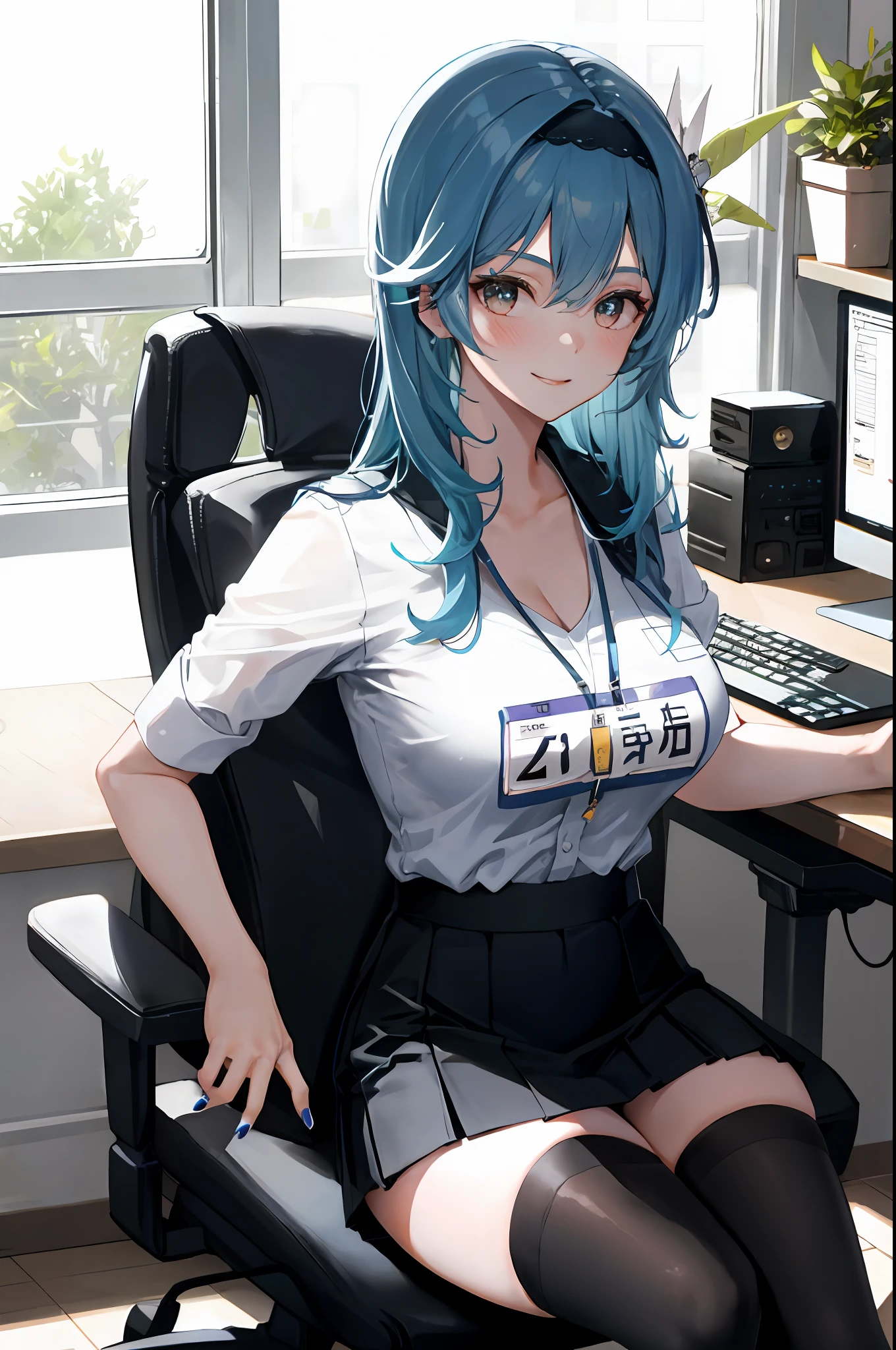 Eula, 1girl, solo, ((white shirt)), black thighhighs, breasts, cleavage, uniform, office background, black skirt, pleated skirt, office, hair between eyes, large breasts, long hair, looking at viewer, blue hair, blue short nails, solo, thighhighs, thighs, long hair, ((masterpiece)), sitting, chair, desk, computer on desk, name tag, id tag, indoor, golden hair clip, blush, sexy pose, smile,