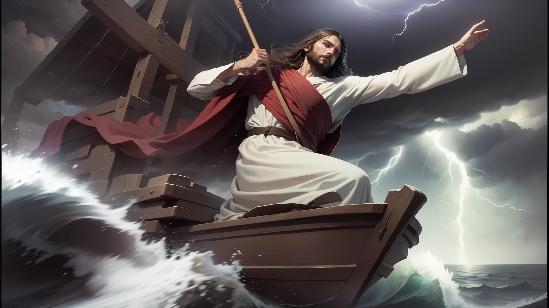 Jesus in the boat in the middle of storm, biblical illustration, epic biblical representation, super realistic image, cinematic lighting, beautiful representation,