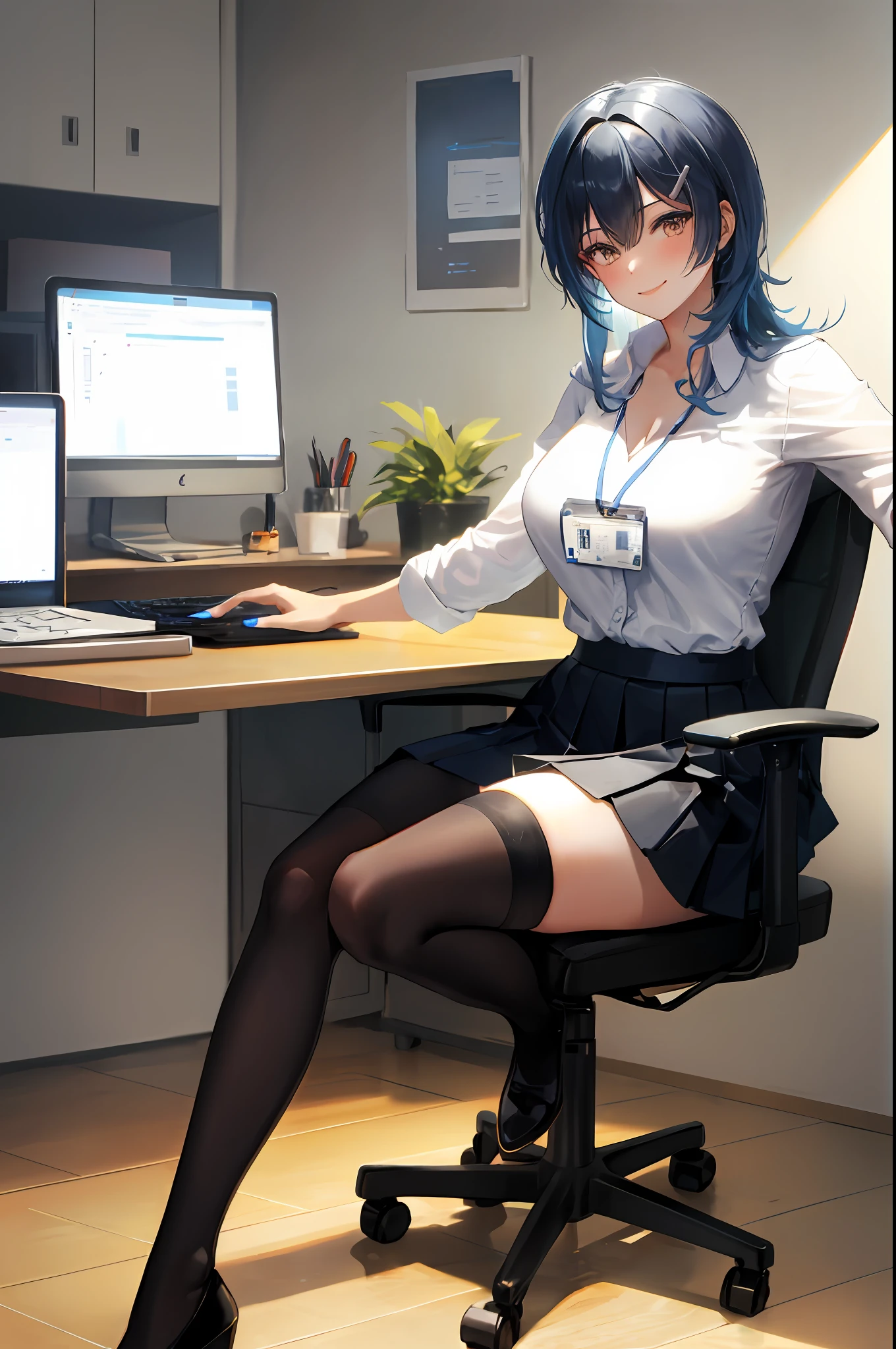 Eula, 1girl, solo, ((white shirt)), black thighhighs, breasts, cleavage, uniform, office background, black skirt, pleated skirt, office, hair between eyes, large breasts, long hair, looking at viewer, blue hair, blue short nails, solo, thighhighs, thighs, long hair, ((masterpiece)), sitting, chair, desk, computer on desk, name tag, id tag, indoor, golden hair clip, blush, sexy pose, smile,