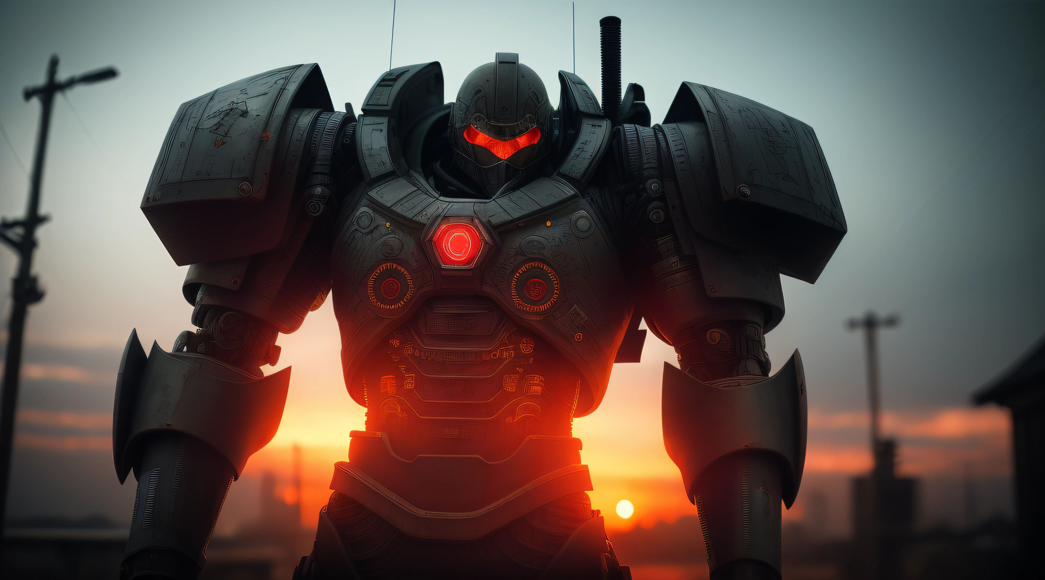 Steel Samurai made of metal, Neon, (cyborg:1.1), ([tail | detail wire] :1.3), (complex details), hdr, (complex details, hyperdetail: 1.2), cinematic frame, vignette, center